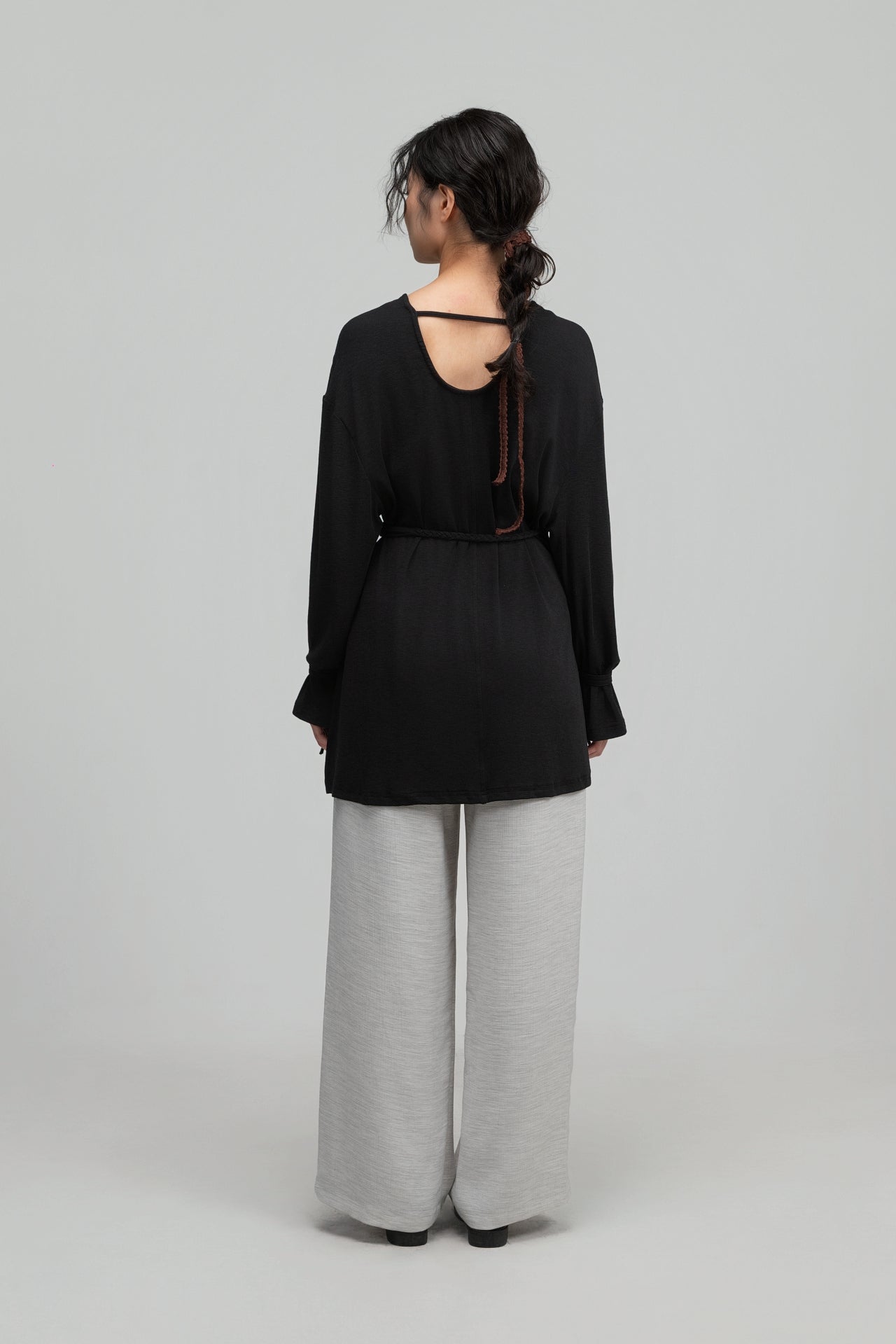 Snow Knit Braided Waist Drape Long Sleeve Top (Black) - BEV C multi label store