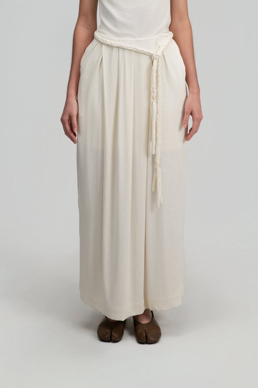 Snow Knit Pleated Cocoon Skirt w/ Braided Belt (White) - BEV C multi label store
