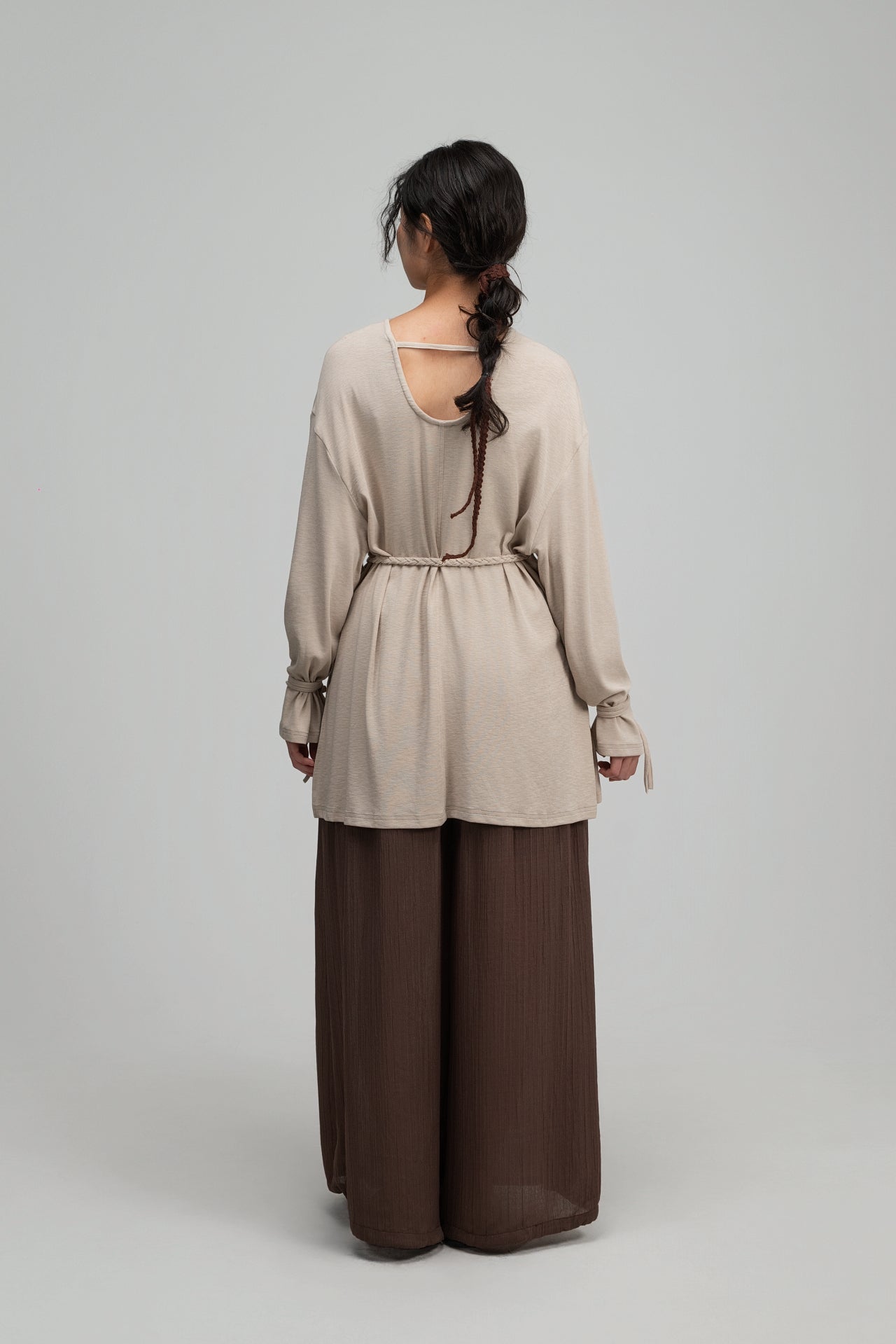 Snow Knit Braided Waist Drape Long Sleeve Top (Oat) - BEV C multi label store