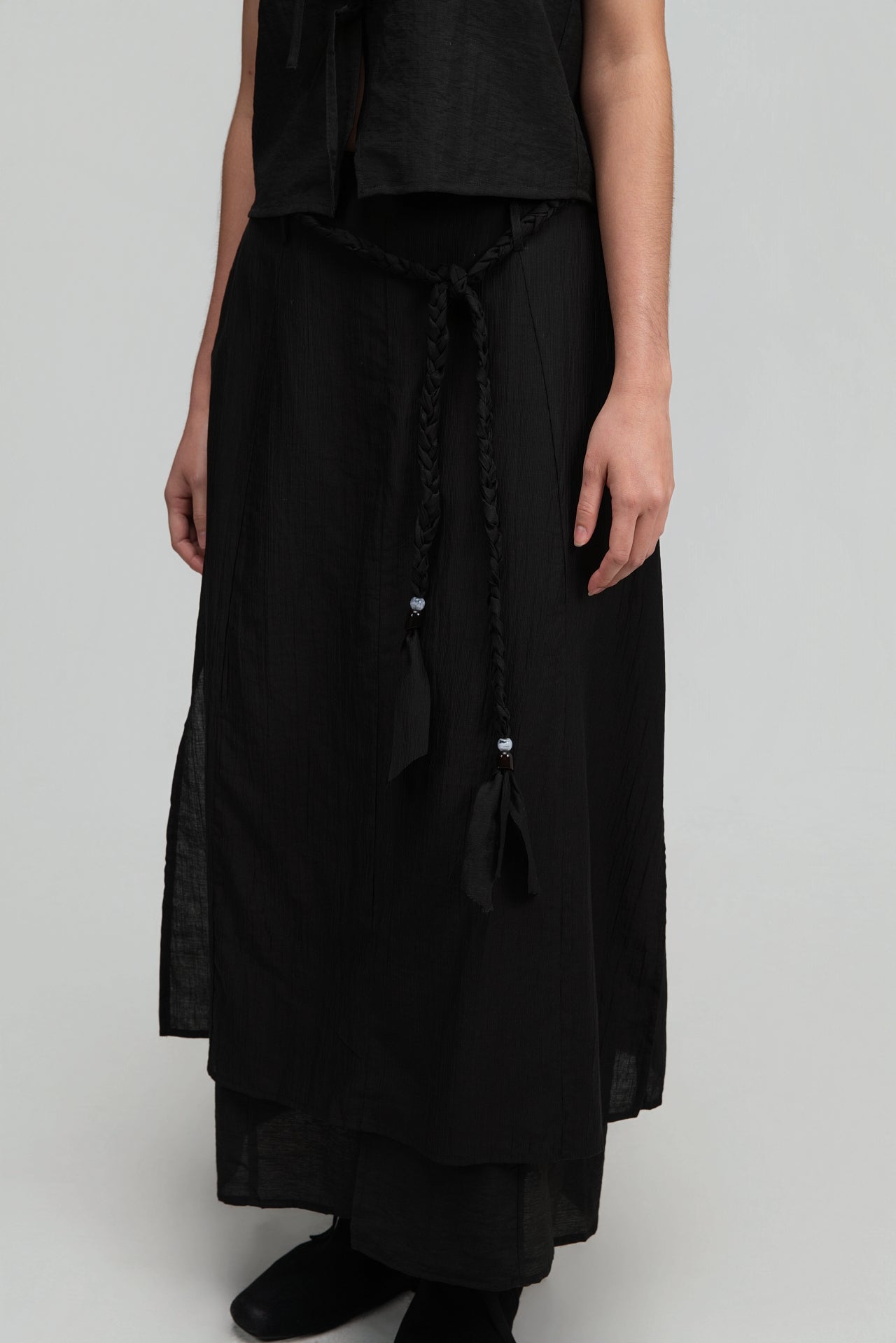 Dual-Layer Skirt w/ Braided Belt (Black) - BEV C multi label store