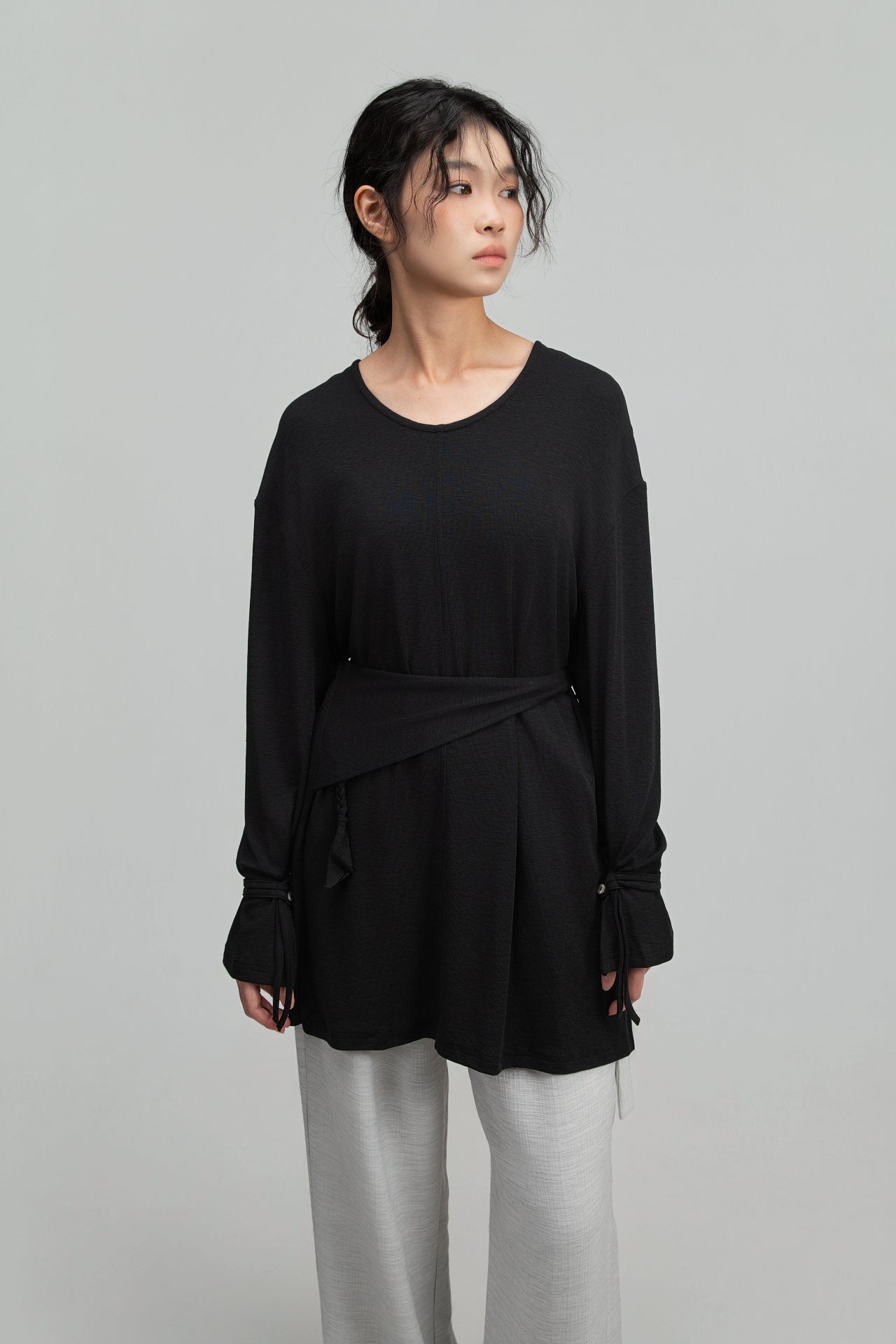 Snow Knit Braided Waist Drape Long Sleeve Top (Black) - BEV C multi label store