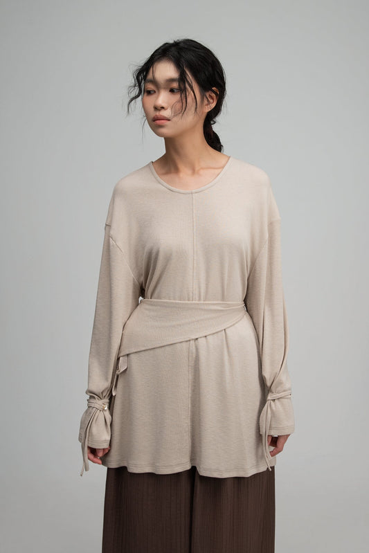 Snow Knit Braided Waist Drape Long Sleeve Top (Oat) - BEV C multi label store