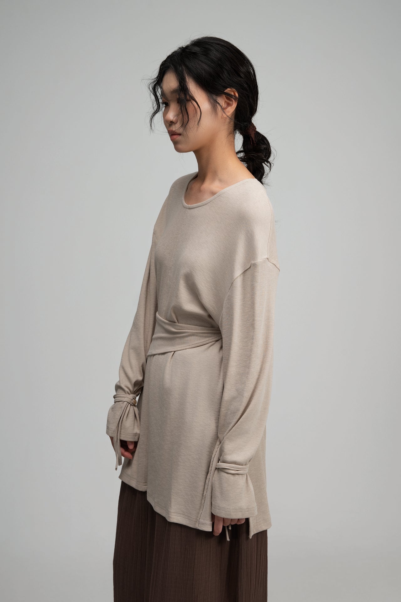 Snow Knit Braided Waist Drape Long Sleeve Top (Oat) - BEV C multi label store