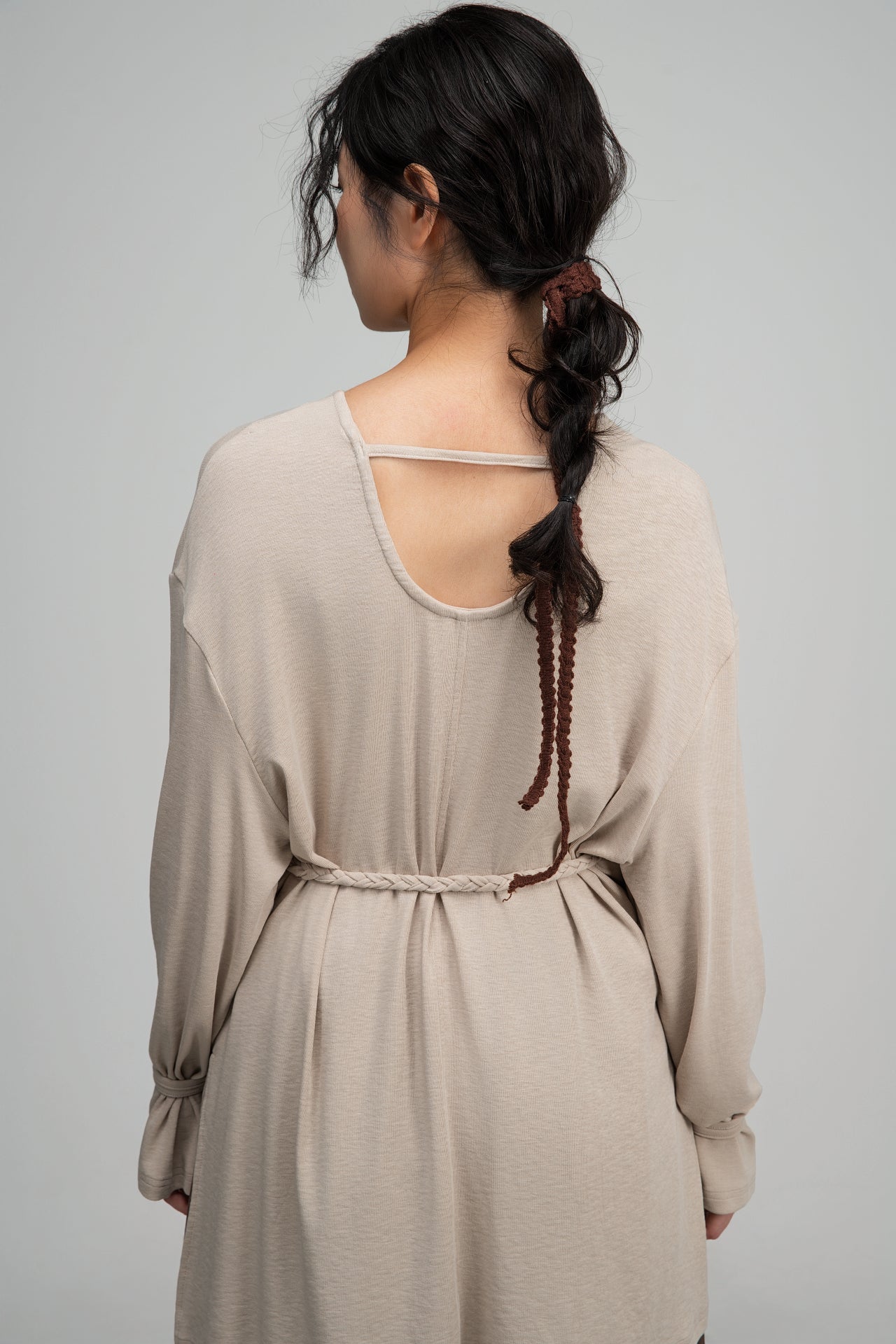 Snow Knit Braided Waist Drape Long Sleeve Top (Oat) - BEV C multi label store