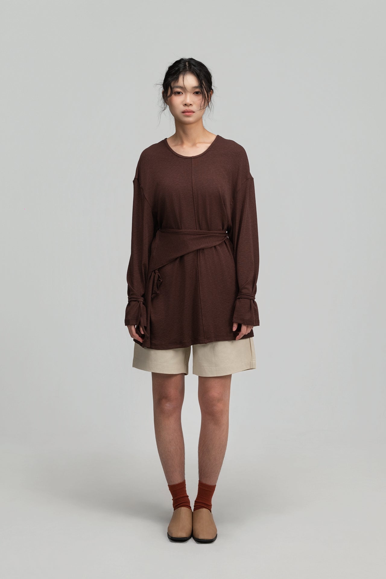 Snow Knit Braided Waist Drape Long Sleeve Top (Brown) - BEV C multi label store
