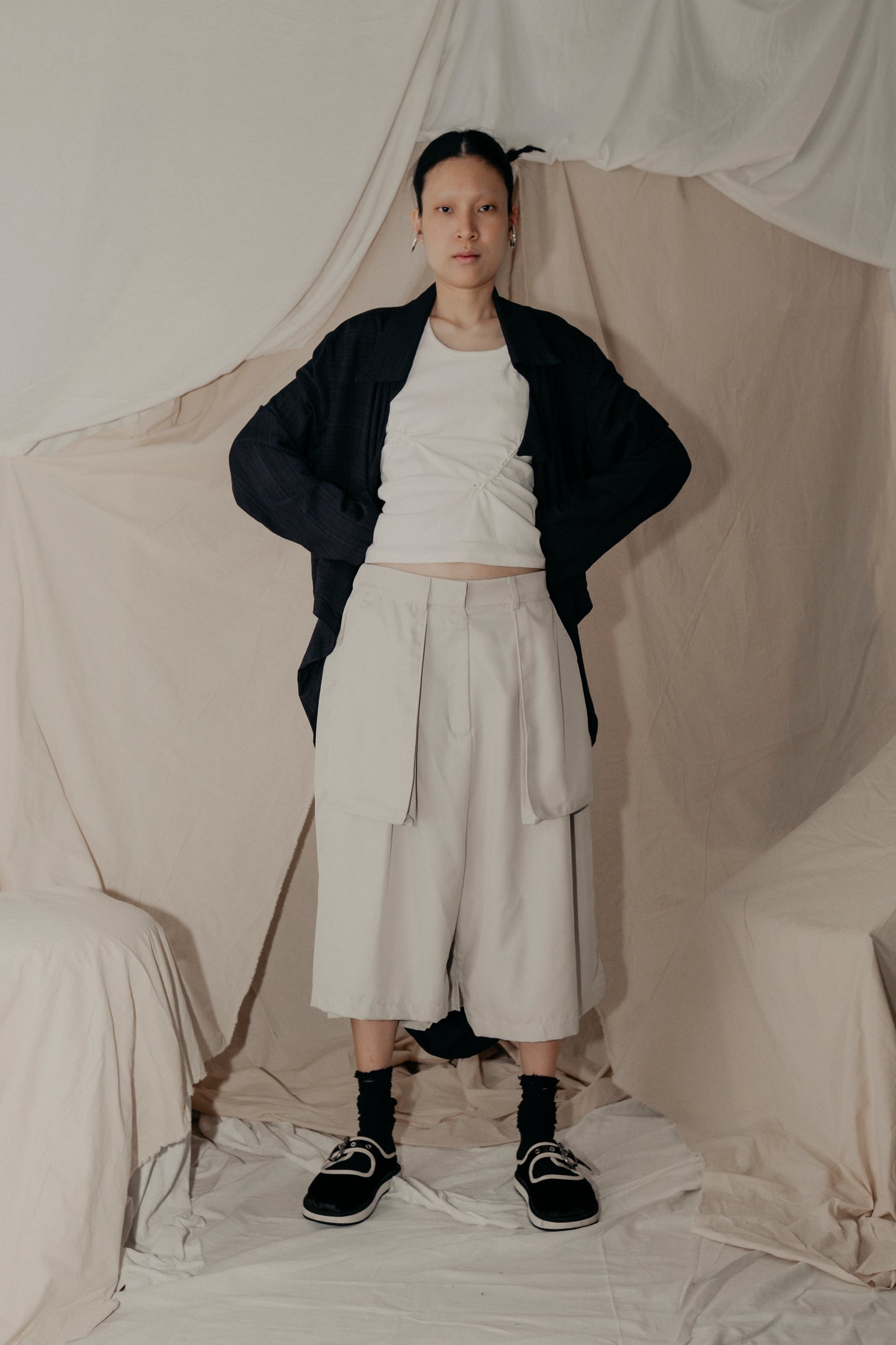 Asymmetrical Fly Pocket Pants In Cream - BEV C multi label store