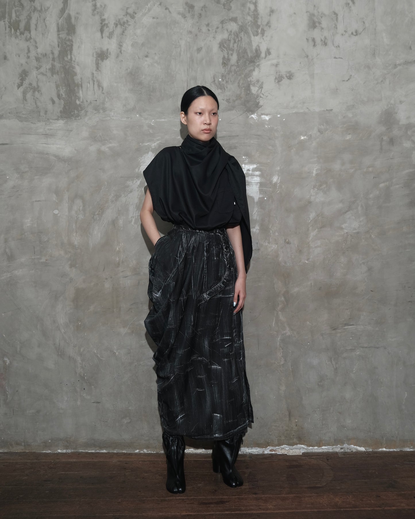 Draped Sarong Skirt in Black Chaos