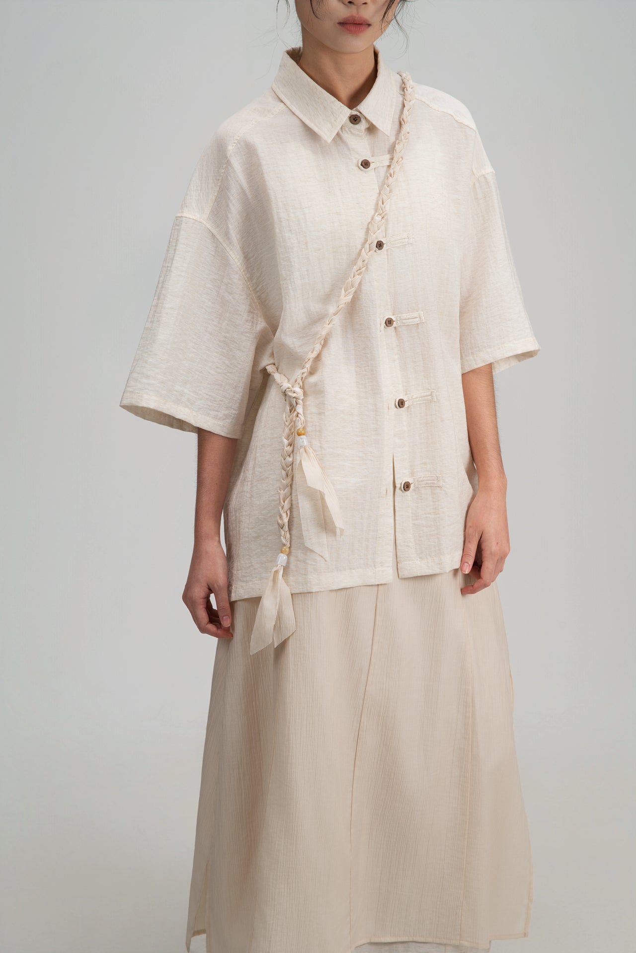 Gender Neutral Modern Mandarin Button Shirt (Beige) - BEV C multi label store