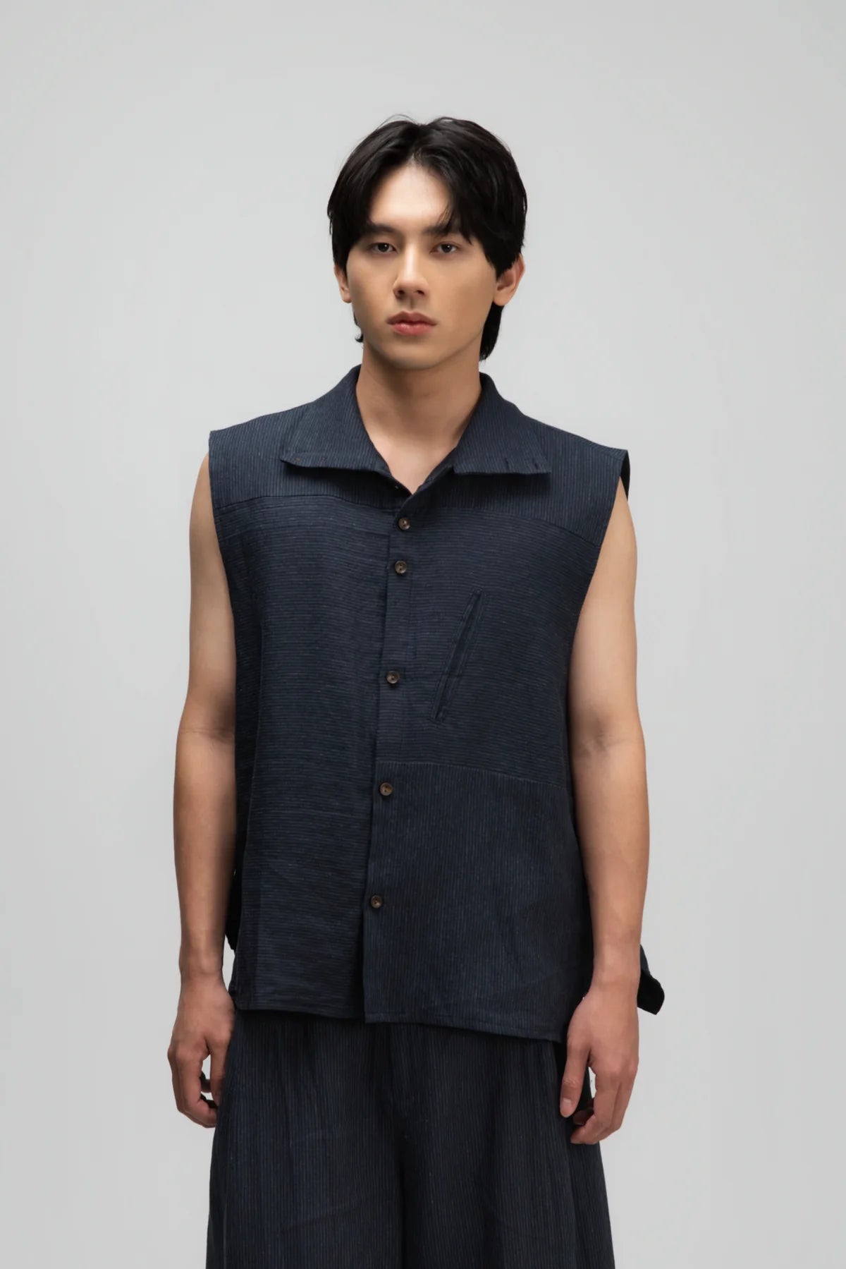 Gender Neutral Funnel Neck Vest (Navy Blue Stripe) - BEV C multi label store
