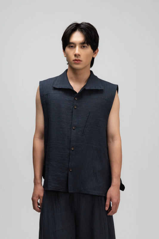 Gender Neutral Funnel Neck Vest (Navy Blue Stripe) - BEV C multi label store