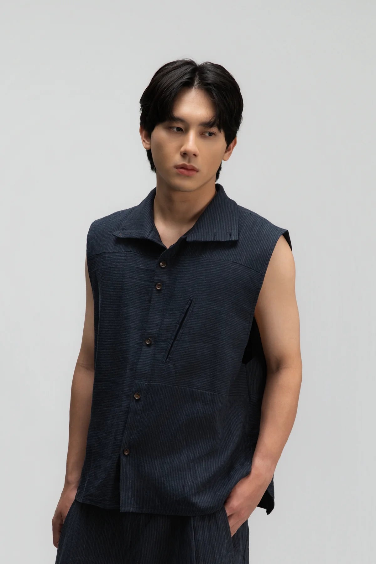 Gender Neutral Funnel Neck Vest (Navy Blue Stripe) - BEV C multi label store