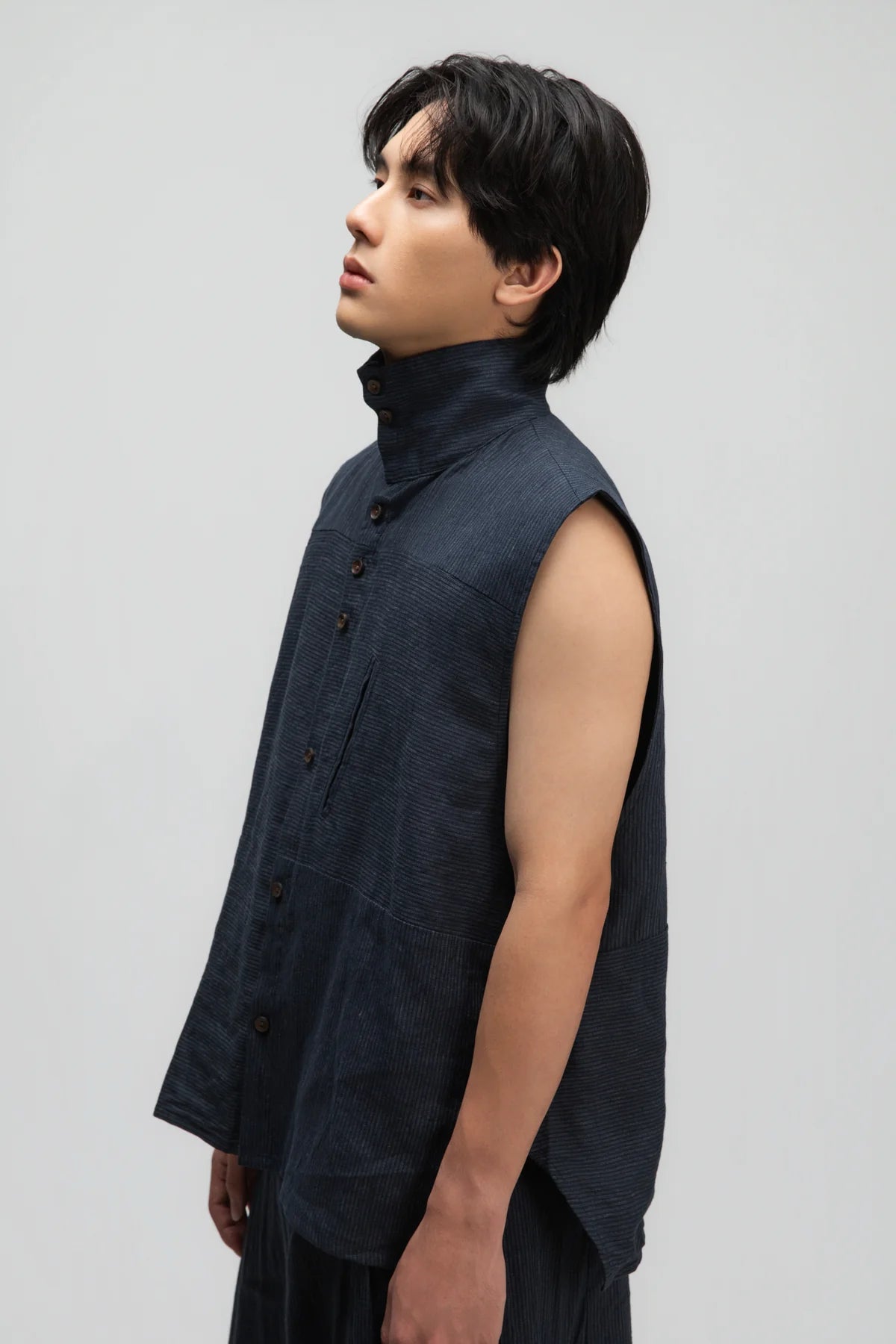 Gender Neutral Funnel Neck Vest (Navy Blue Stripe) - BEV C multi label store