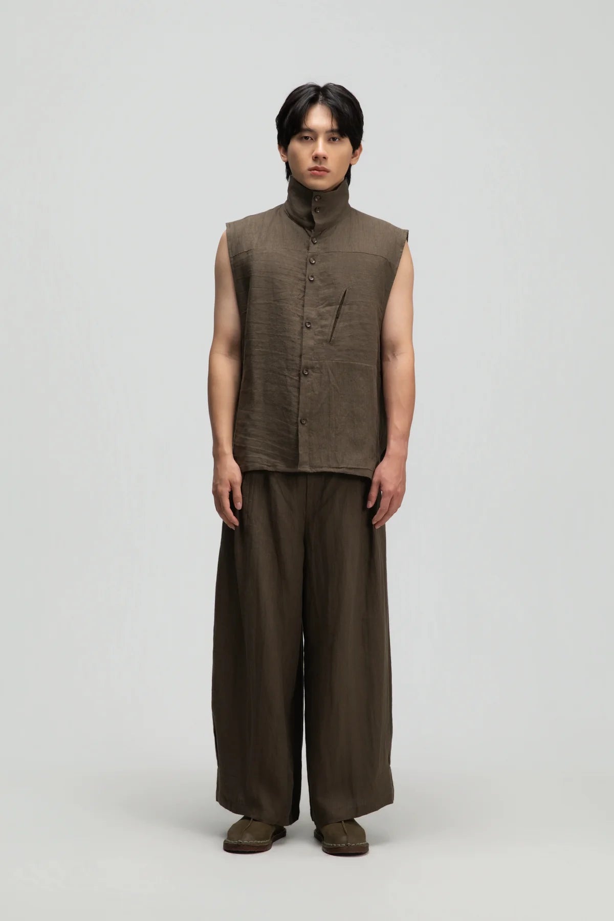 Gender Neutral Funnel Neck Vest (Olive Brown Stripe) - BEV C multi label store