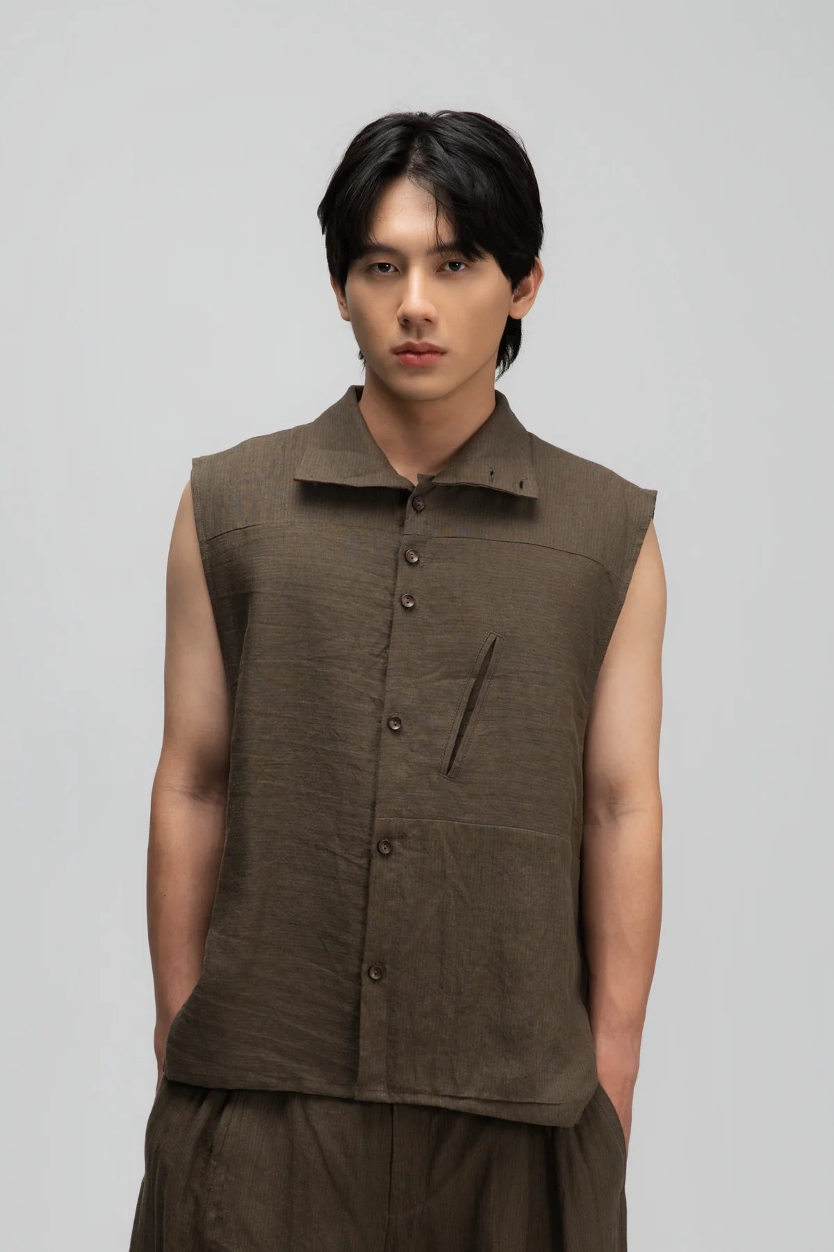 Gender Neutral Funnel Neck Vest (Olive Brown Stripe) - BEV C multi label store