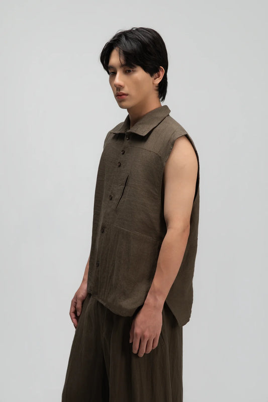 Gender Neutral Funnel Neck Vest (Olive Brown Stripe) - BEV C multi label store