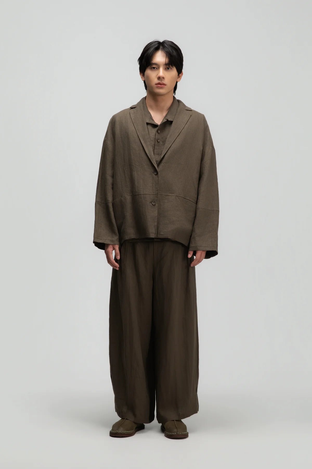 Gender Neutral Pleated Hem Ankle Pants (Olive Brown Stripe) - BEV C multi label store
