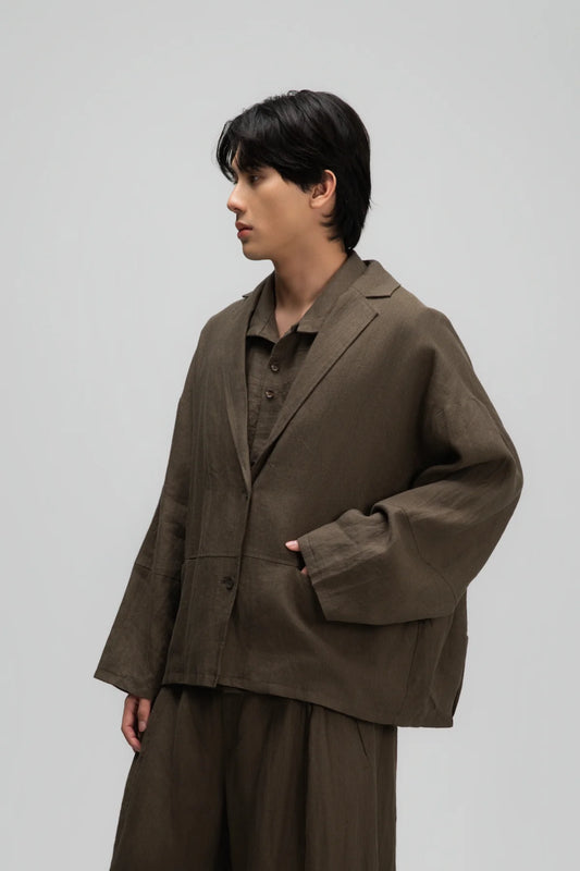 Gender Neutral Oversized Pleated Back Hem Blazer (Olive Brown Stripe) - BEV C multi label store