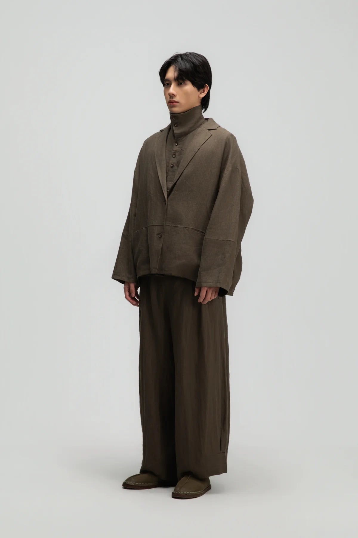 Gender Neutral Oversized Pleated Back Hem Blazer (Olive Brown Stripe) - BEV C multi label store