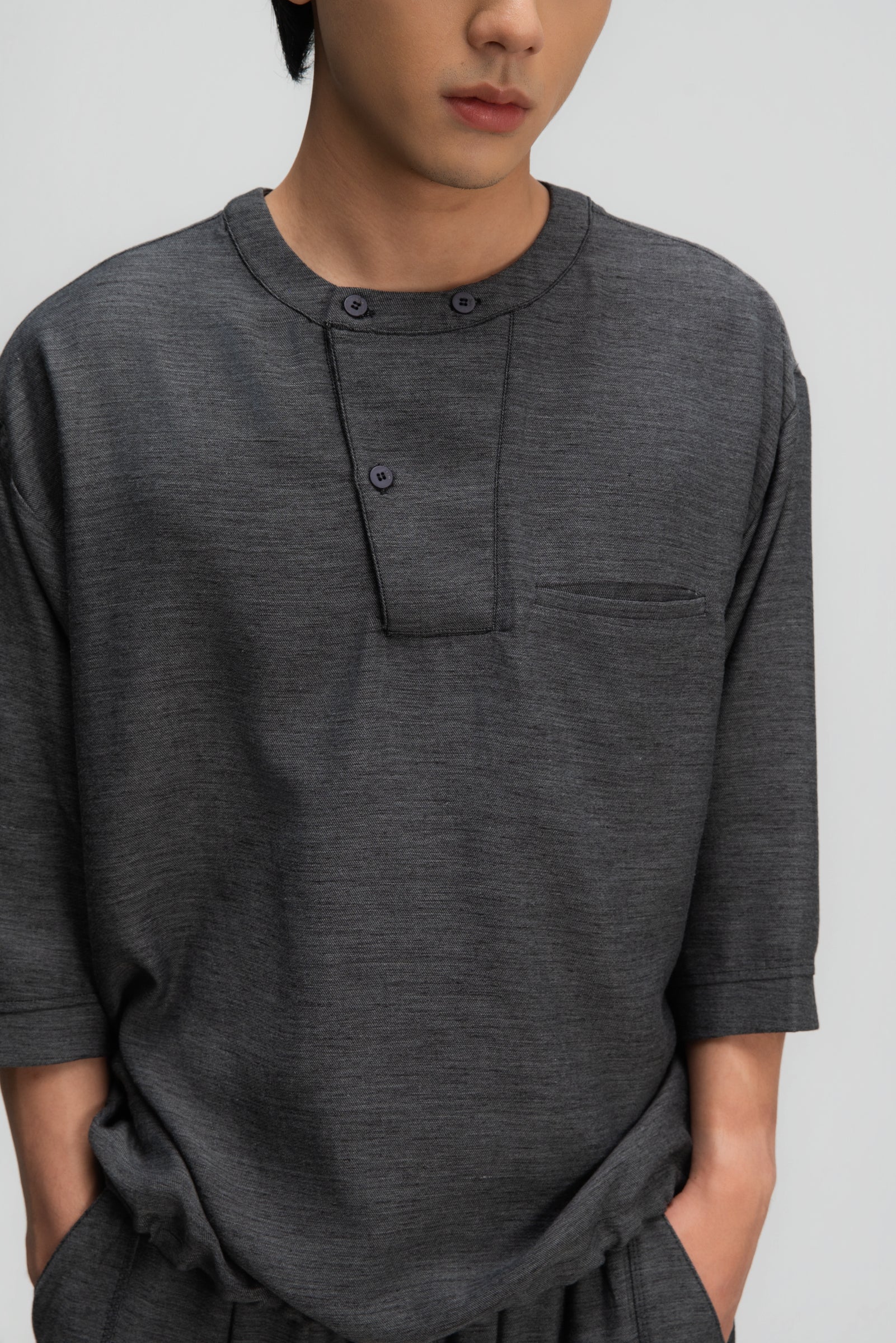 Gender Neutral 3/4 Sleeve Arc Collar Shirt (Midnight Grey) - BEV C multi label store