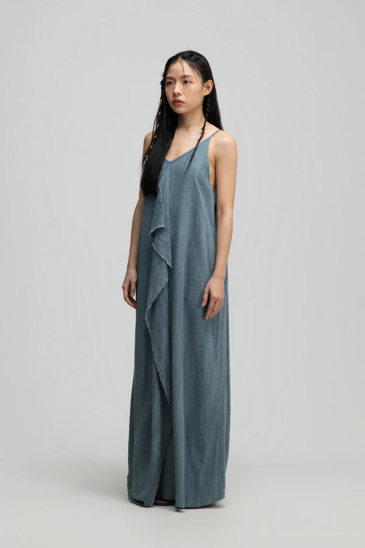 Front Drape Raw Hem Cami Dress (Tie Dye Teal)