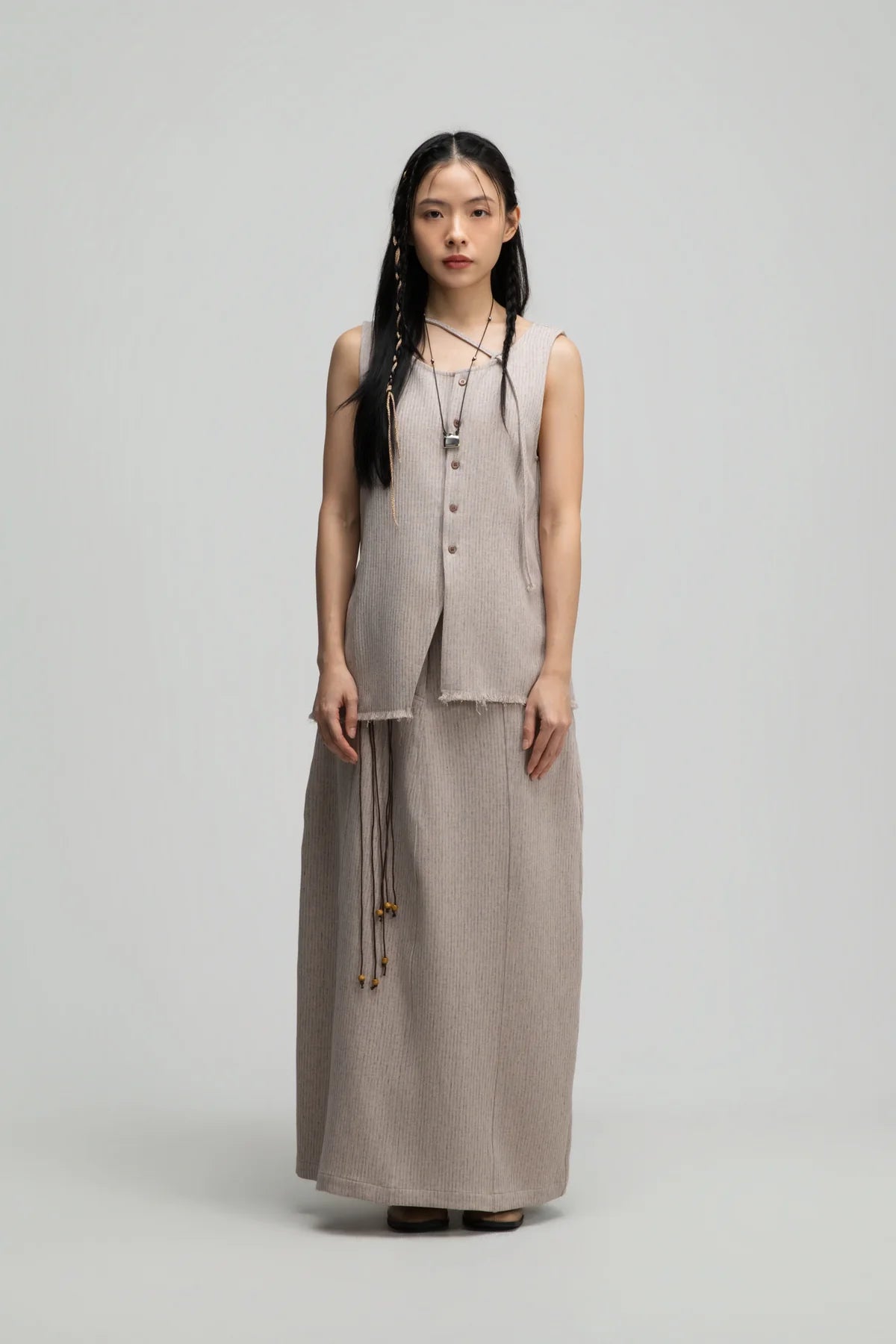 Curved Leg Skirt w/ Beaded Belt (Dark Beige) - BEV C multi label store