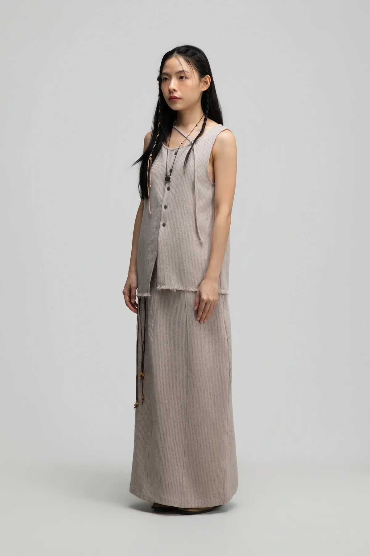 Raw Hem Skewed Button-Up Tank Top (Dark Beige) - BEV C multi label store