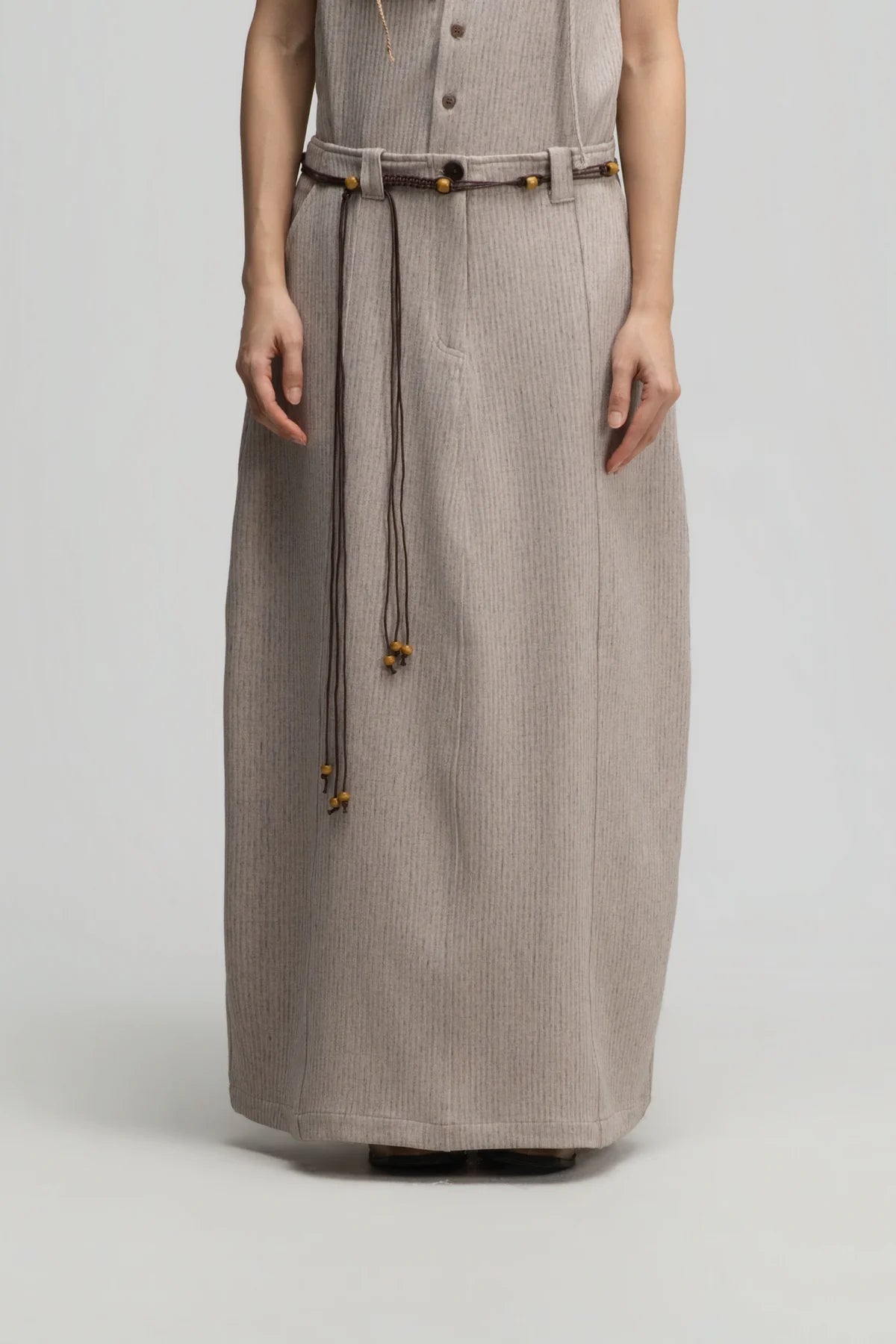 Curved Leg Skirt w/ Beaded Belt (Dark Beige) - BEV C multi label store
