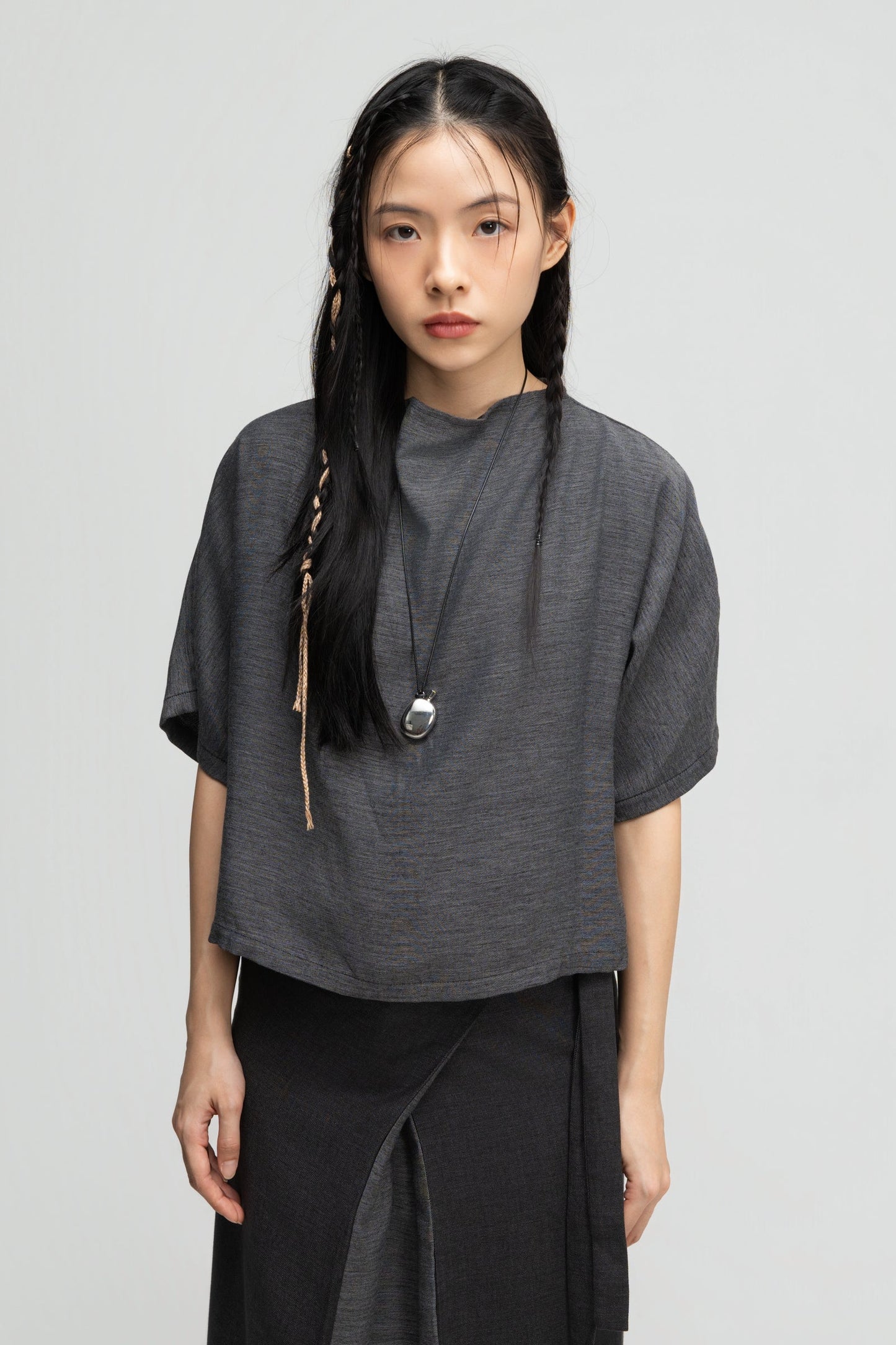 Semi High Neck Short Sleeve Crop Top (Midnight Grey)