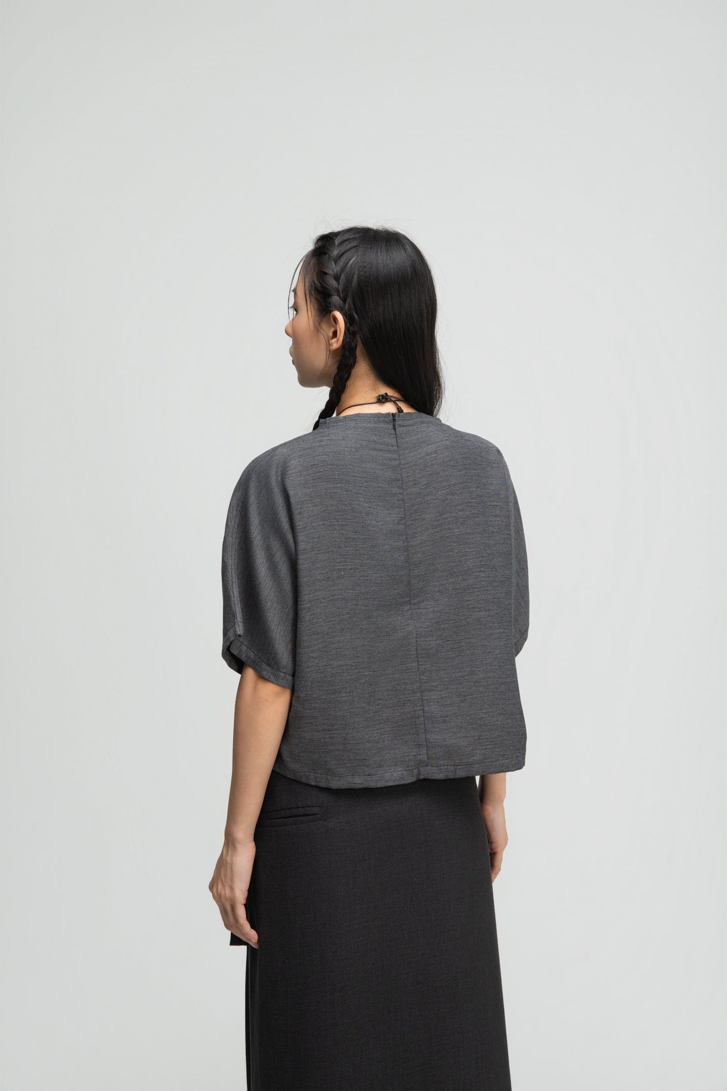 Semi High Neck Short Sleeve Crop Top (Midnight Grey)