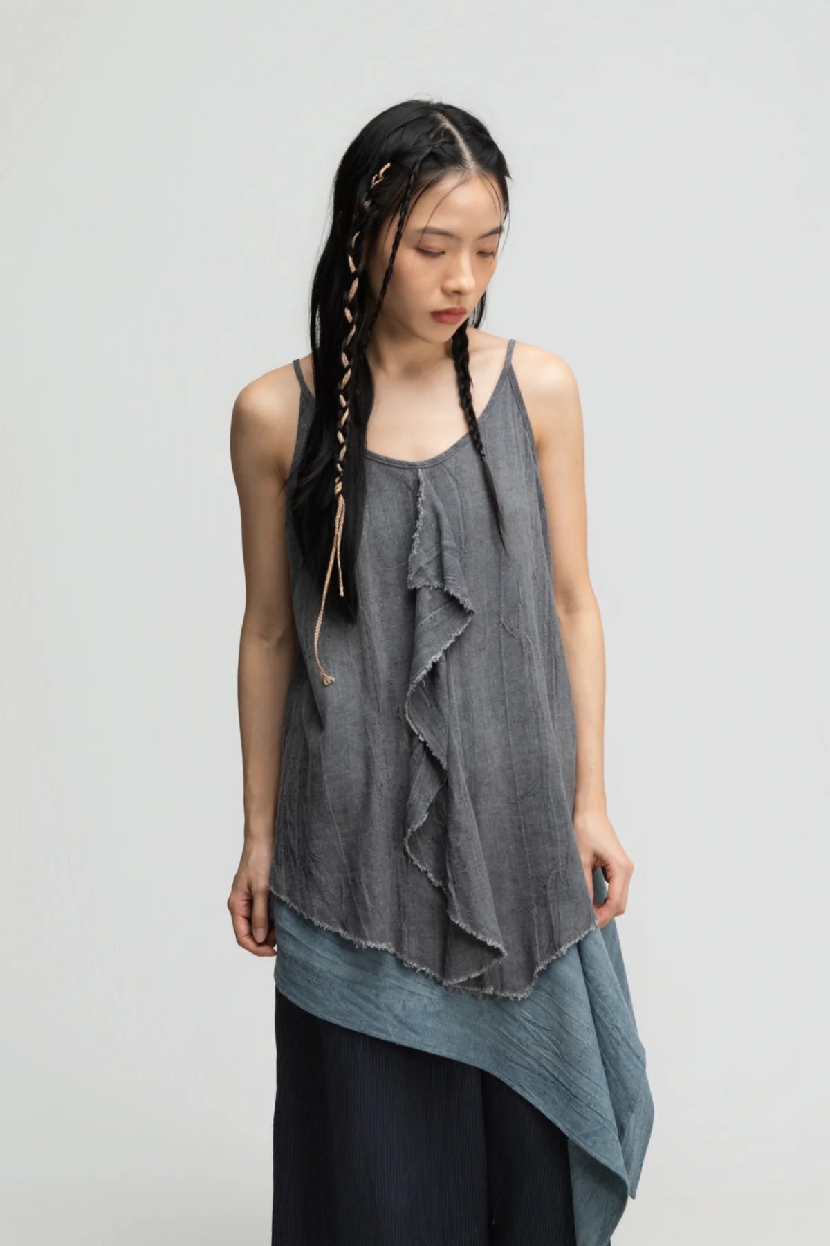 Front Drape Raw Hem Cami Top (Tie Dye Grey) - BEV C multi label store