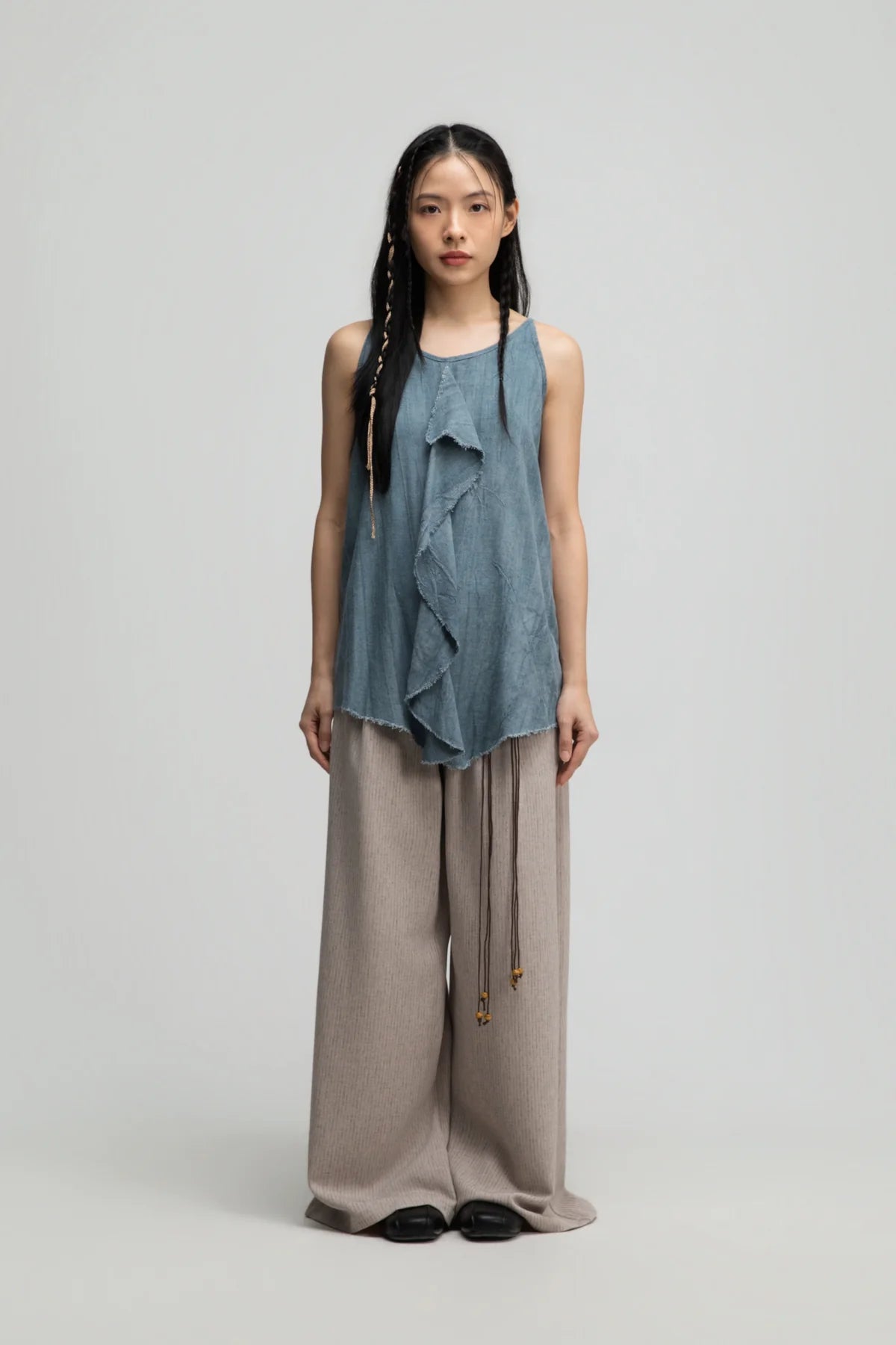 Front Drape Raw Hem Cami Top (Tie Dye Teal)