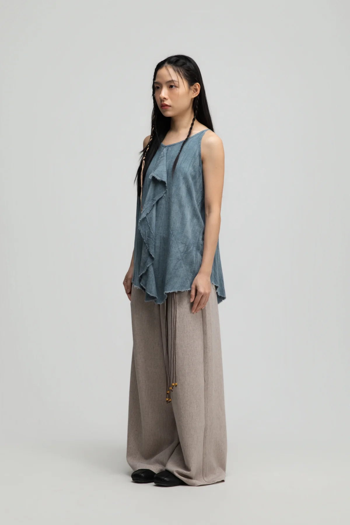 Front Drape Raw Hem Cami Top (Tie Dye Teal)