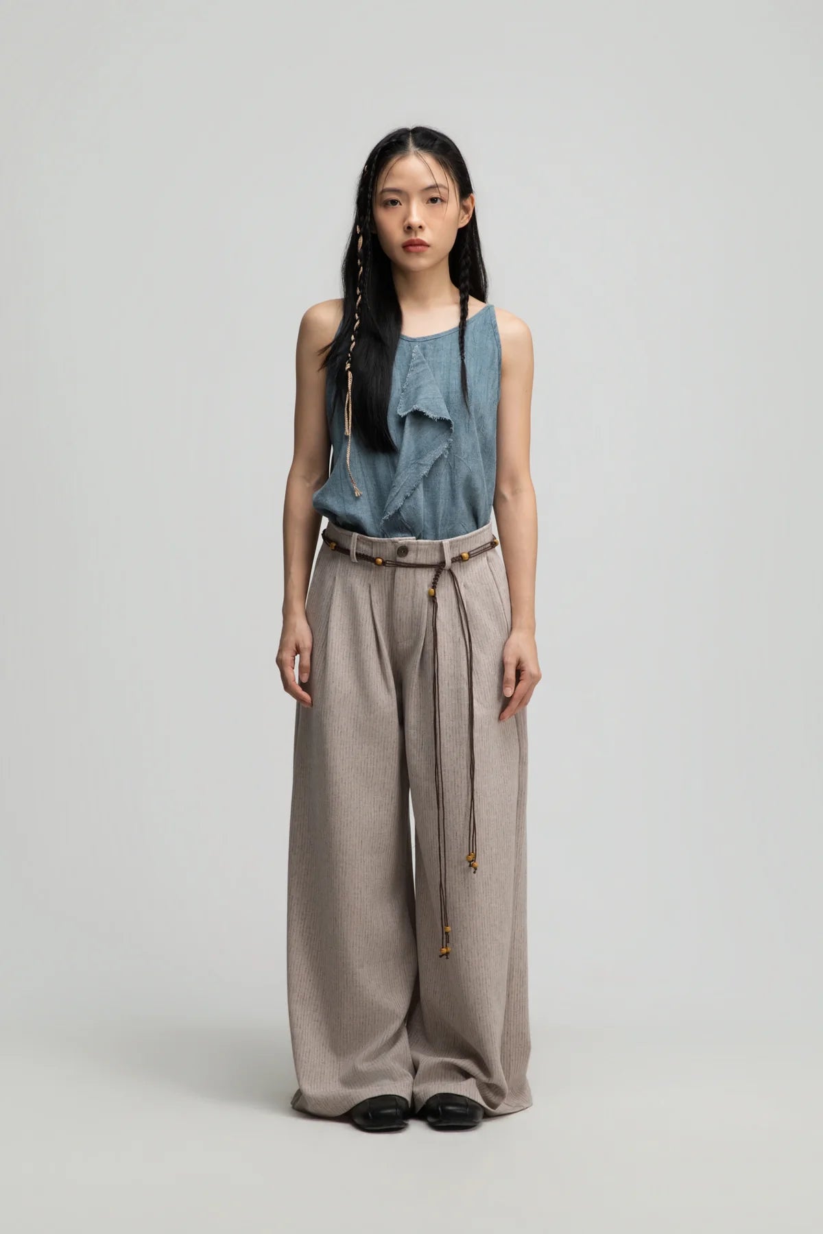 Straight Wide Trousers w/ Beaded Belt (Dark Beige) - BEV C multi label store
