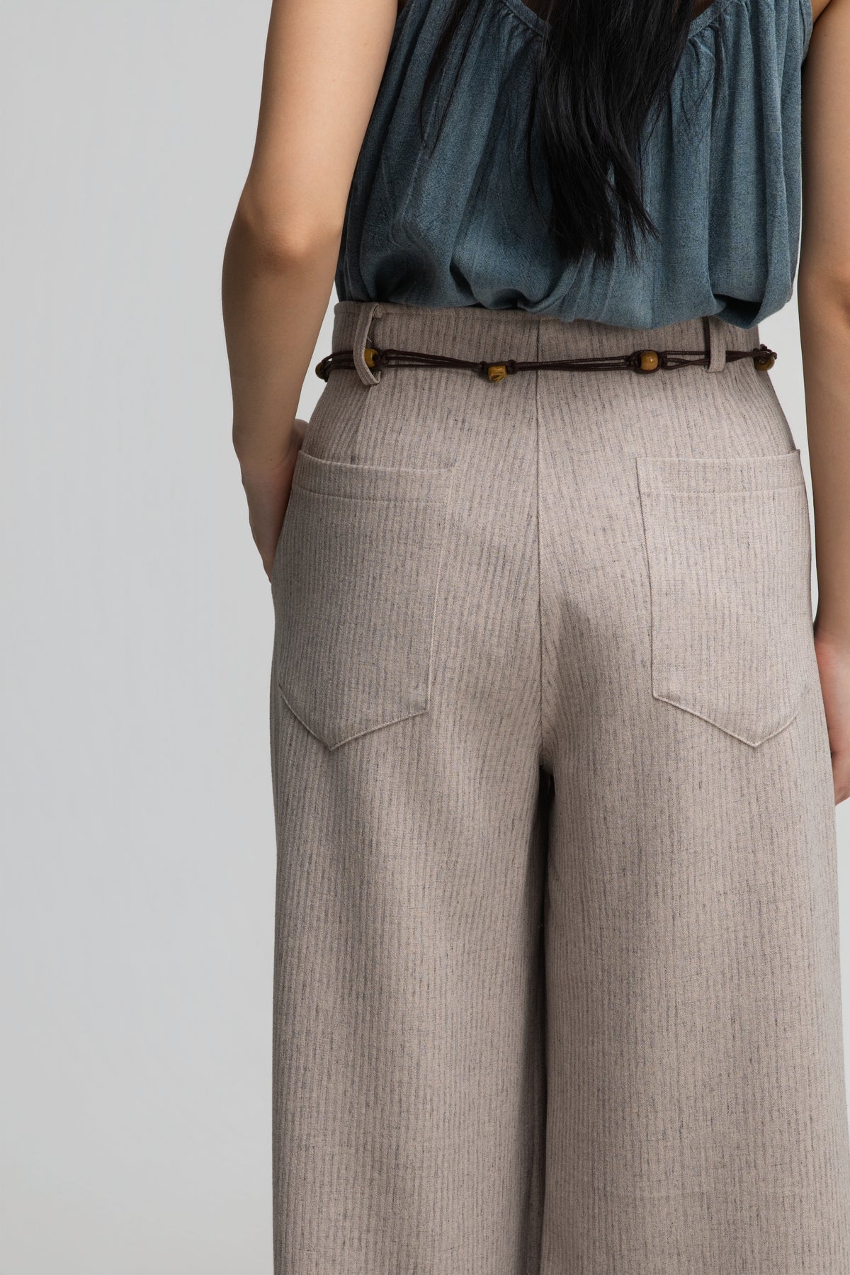 Straight Wide Trousers w/ Beaded Belt (Dark Beige) - BEV C multi label store
