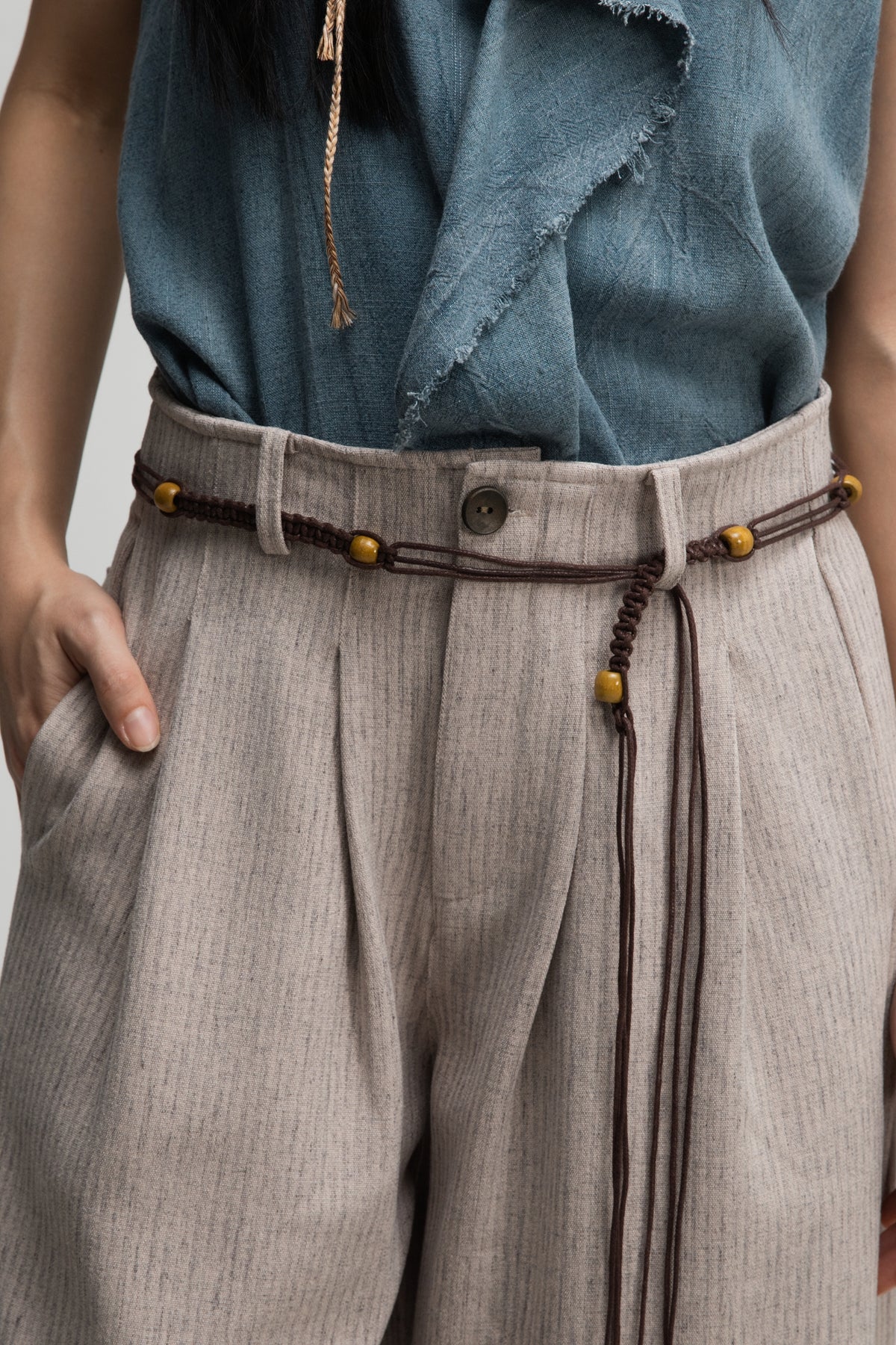 Straight Wide Trousers w/ Beaded Belt (Dark Beige) - BEV C multi label store