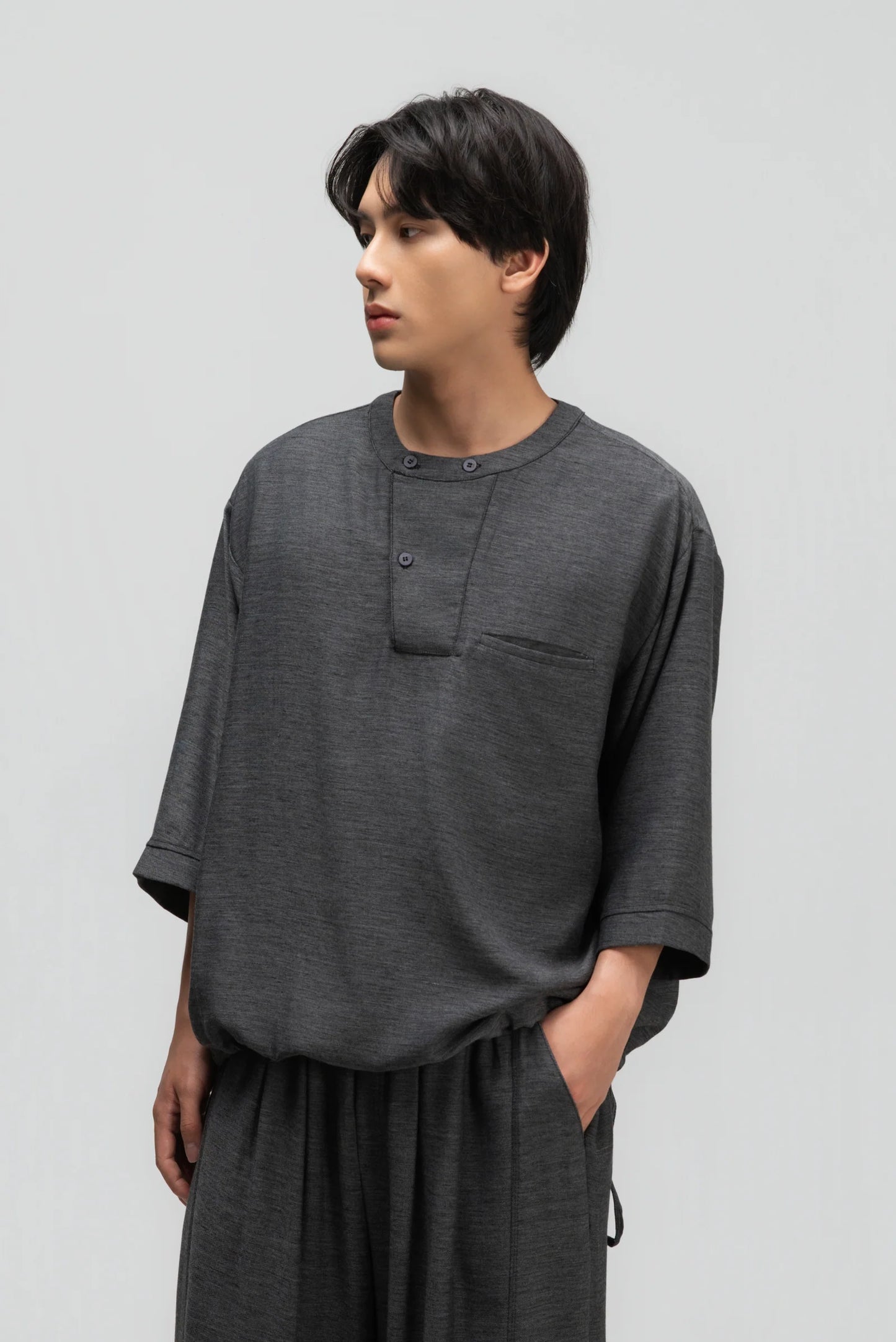 Gender Neutral 3/4 Sleeve Arc Collar Shirt (Midnight Grey) - BEV C multi label store