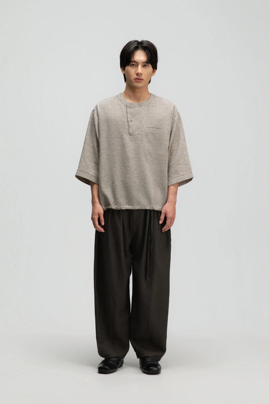 Gender Neutral 3/4 Sleeve Arc Collar Shirt (Dark Oat)
