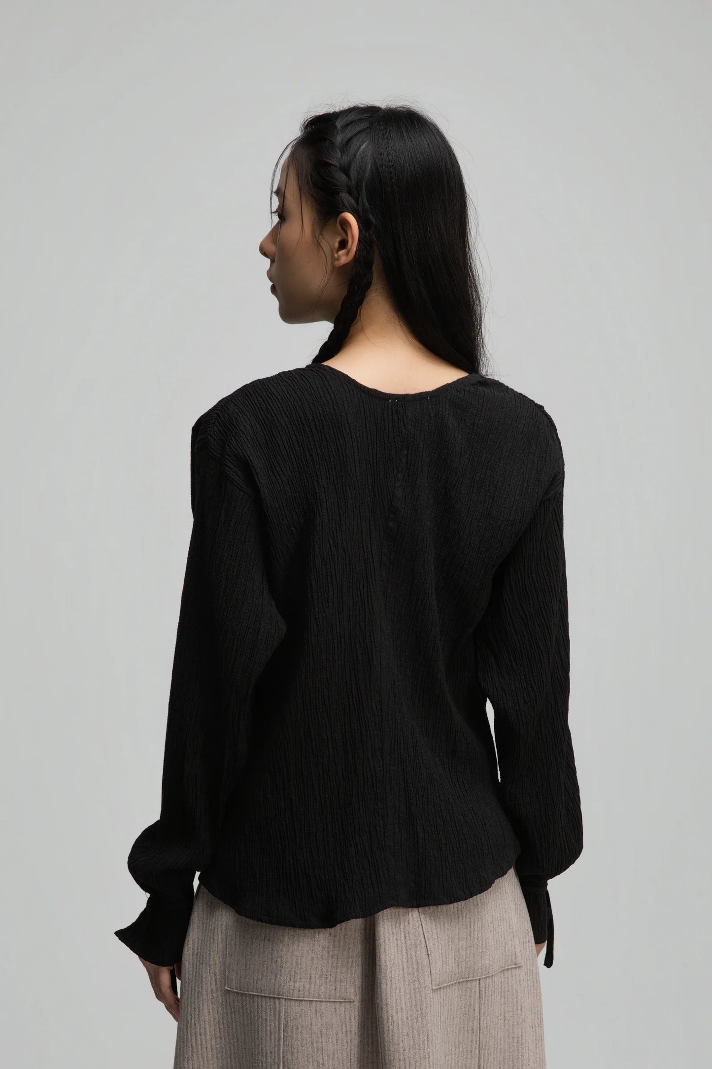 Deep V-Neck Blouse + Cami Top Set (Black)