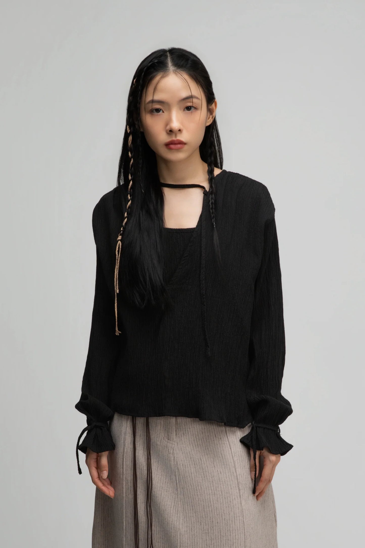 Deep V-Neck Blouse + Cami Top Set (Black)
