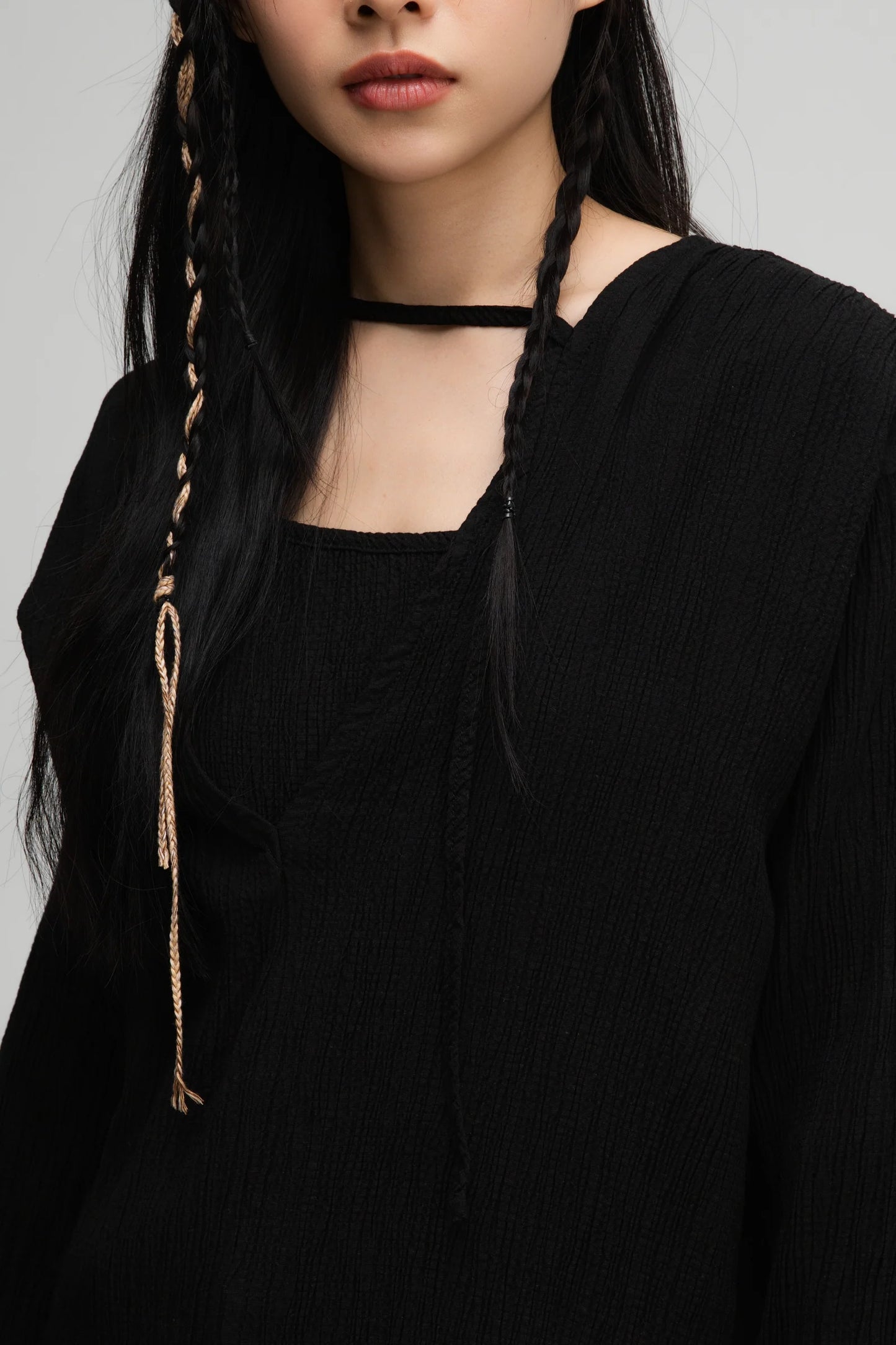 Deep V-Neck Blouse + Cami Top Set (Black)