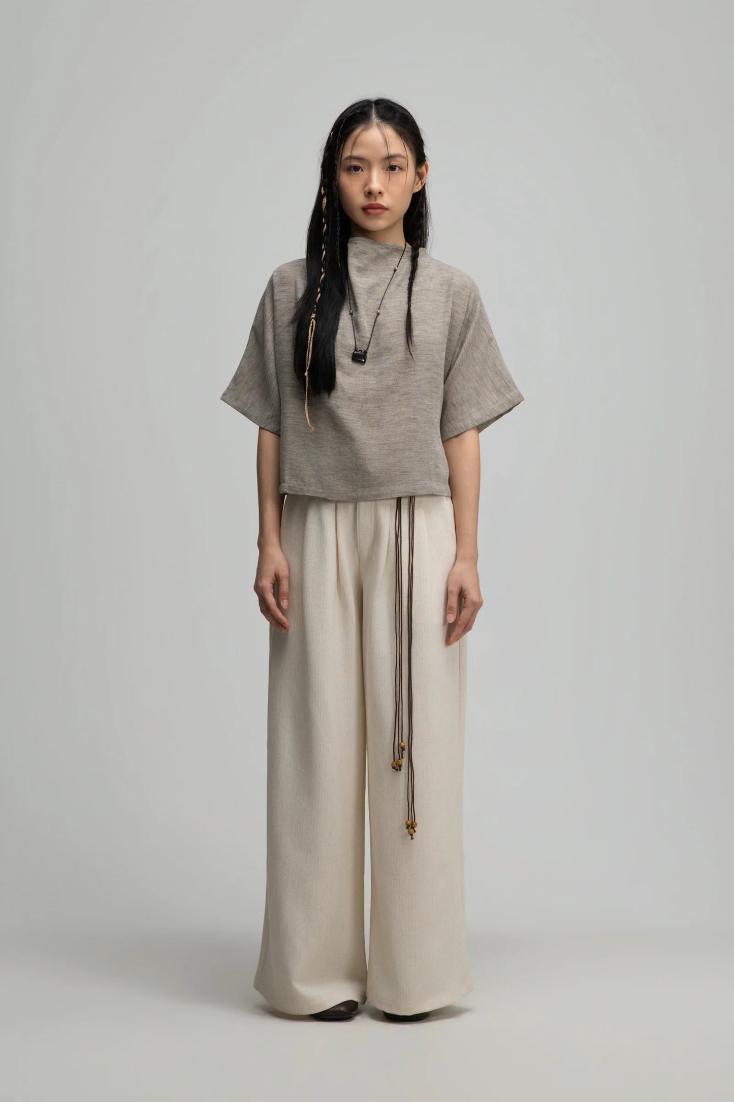 Semi High Neck Short Sleeve Crop Top (Dark Oat) - BEV C multi label store