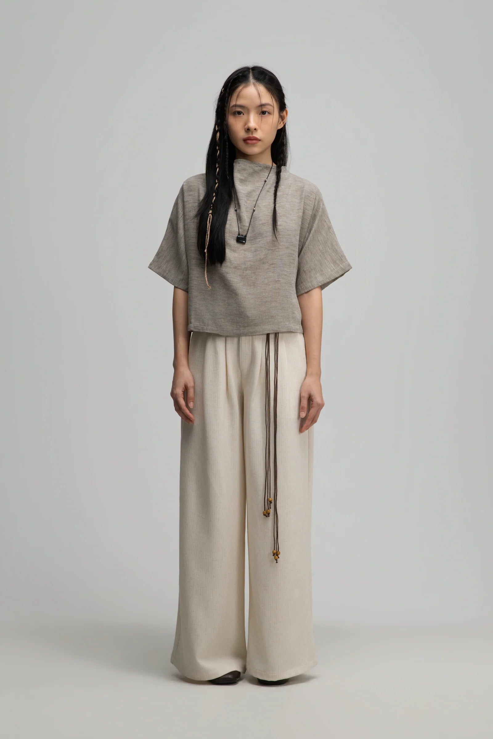 Semi High Neck Short Sleeve Crop Top (Dark Oat) - BEV C multi label store