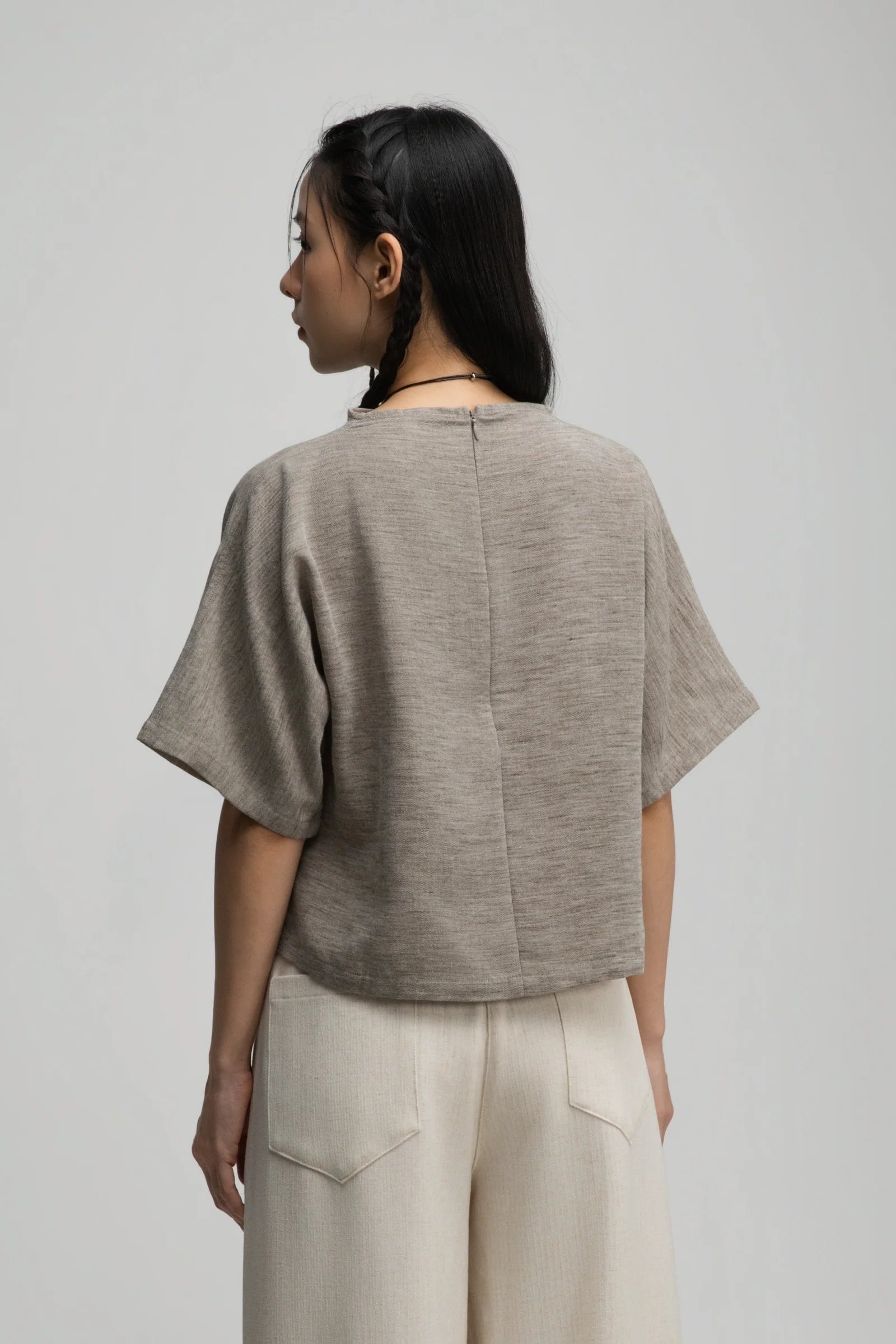 Semi High Neck Short Sleeve Crop Top (Dark Oat) - BEV C multi label store