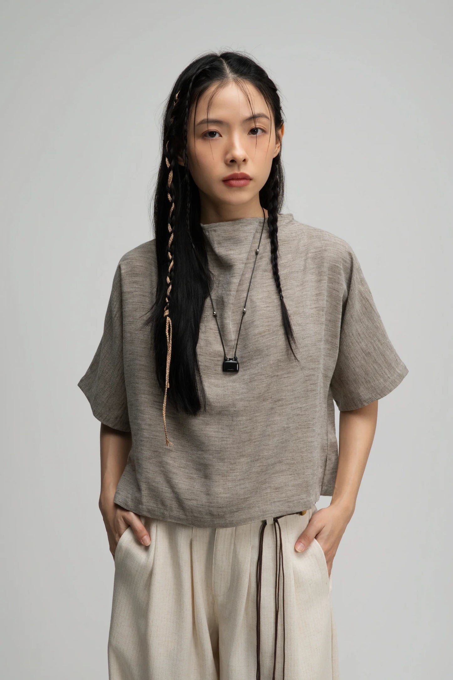 Semi High Neck Short Sleeve Crop Top (Dark Oat) - BEV C multi label store