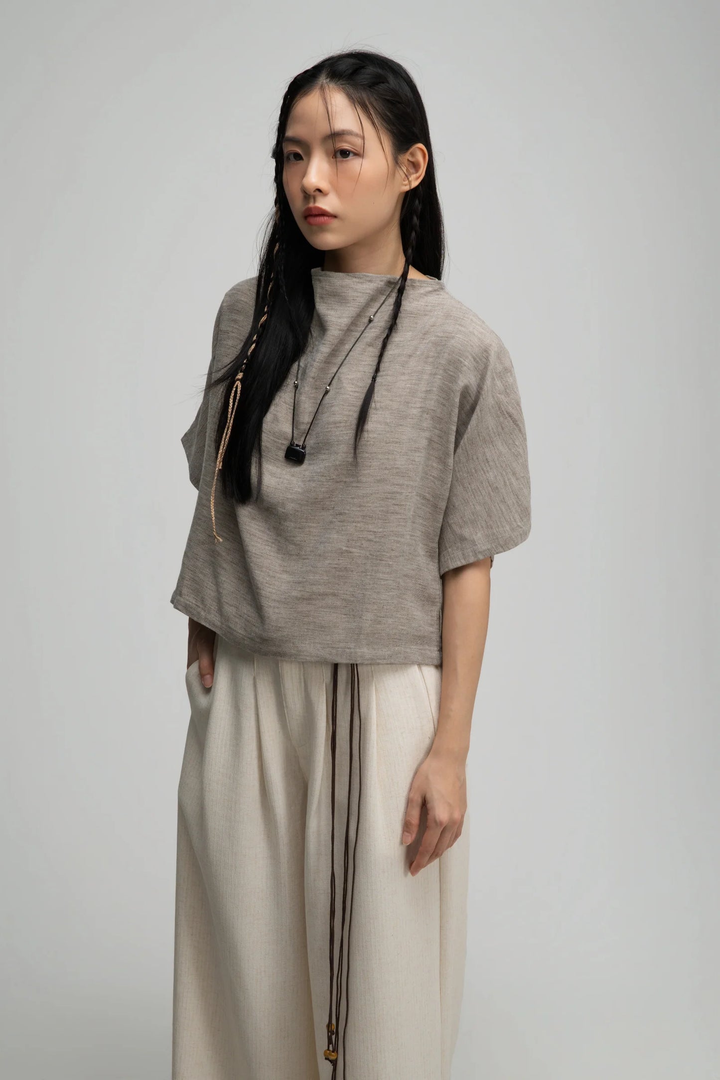Semi High Neck Short Sleeve Crop Top (Dark Oat) - BEV C multi label store