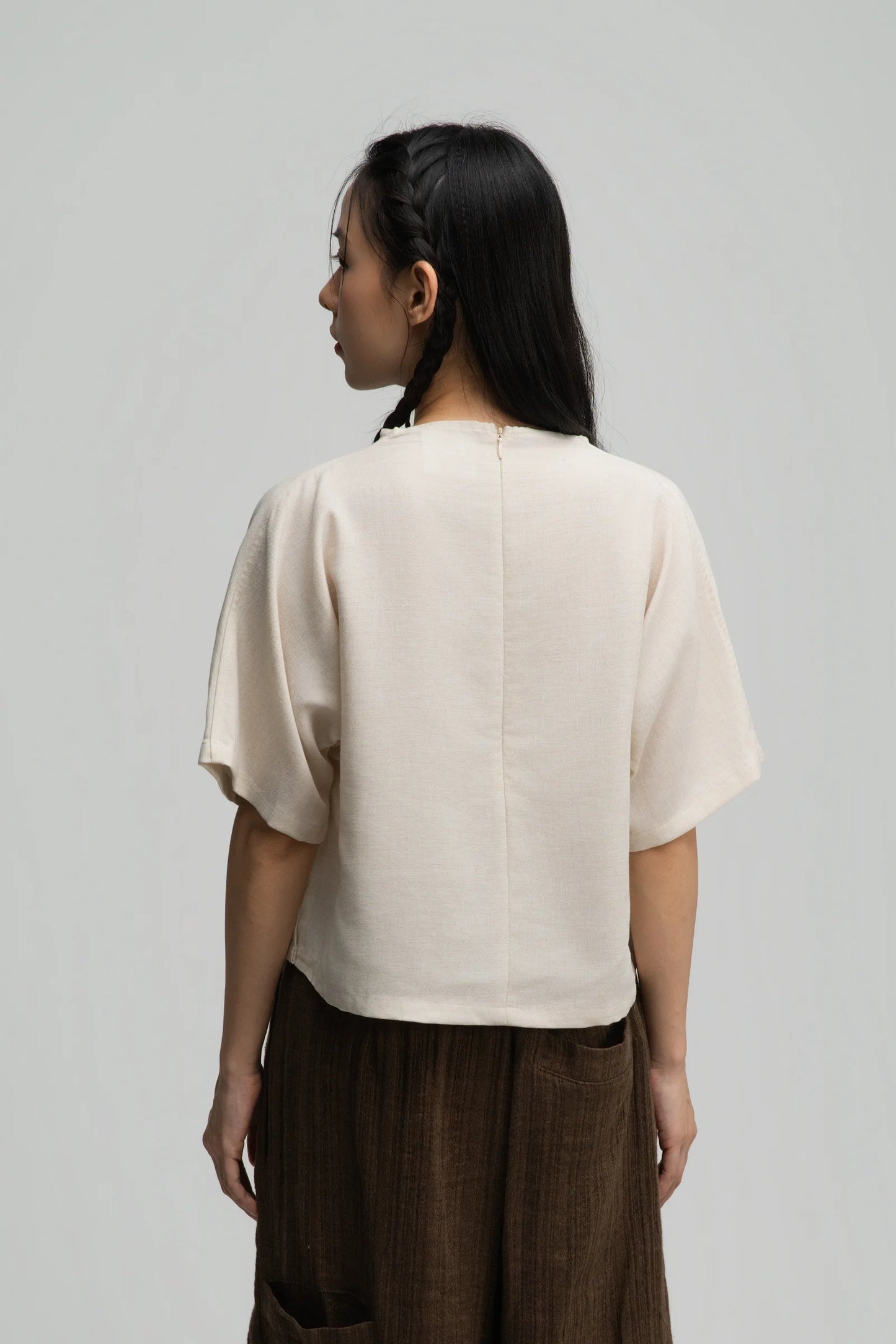 Semi High Neck Short Sleeve Crop Top (Off White)