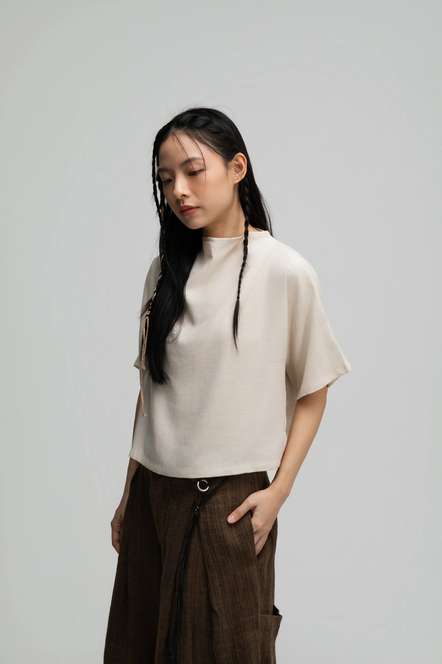 Semi High Neck Short Sleeve Crop Top (Off White)