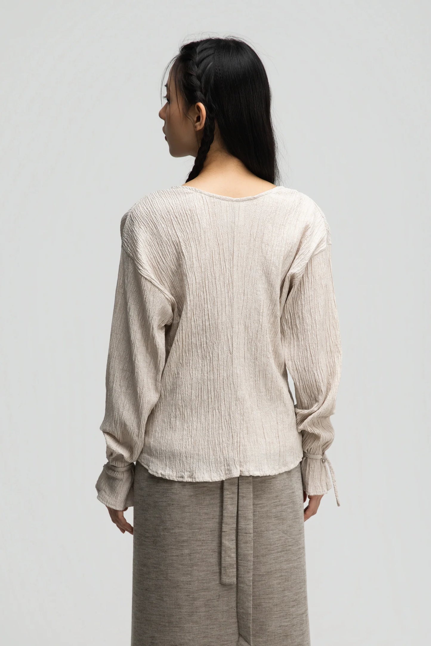 Deep V-Neck Blouse + Cami Top Set (Beige)