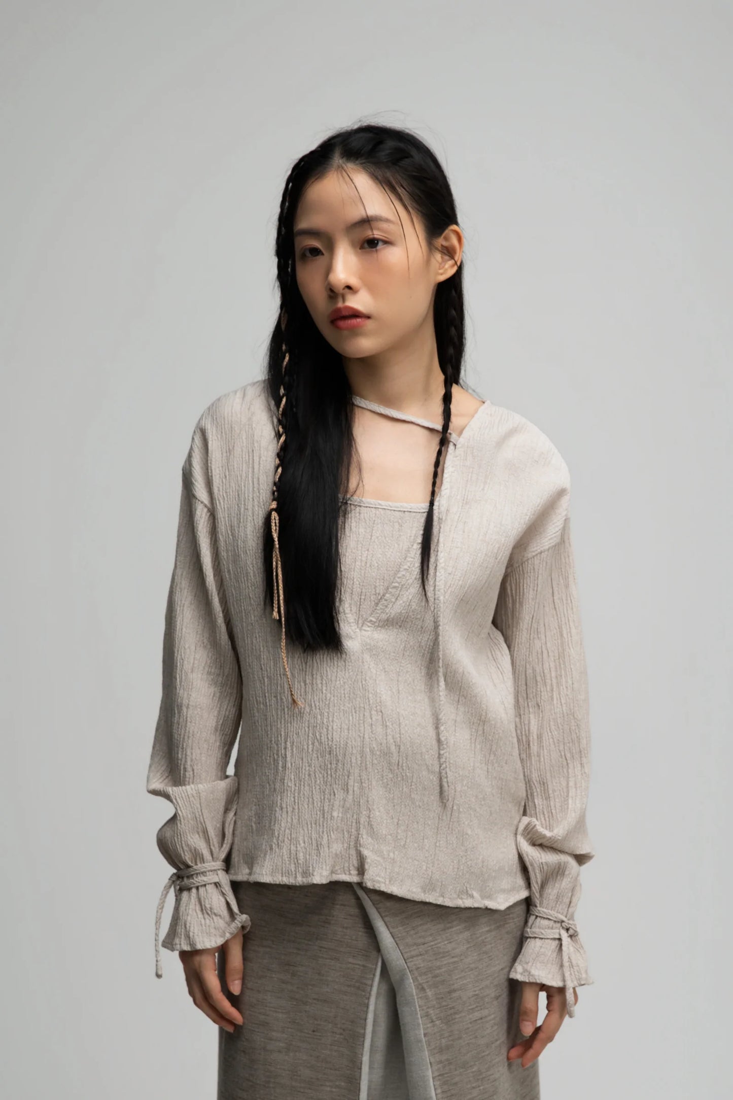 Deep V-Neck Blouse + Cami Top Set (Beige)