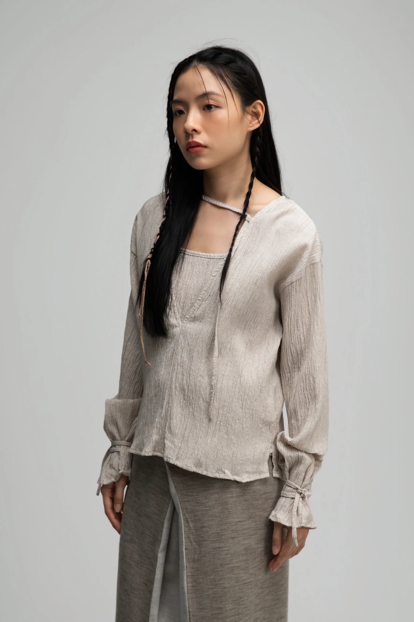 Deep V-Neck Blouse + Cami Top Set (Beige)
